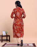 Women's Floral Printed Straight Kurta with V-Neck and 3/4 th Sleeves - Red