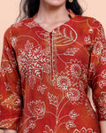 Women's Floral Printed Straight Kurta with V-Neck and 3/4 th Sleeves - Red