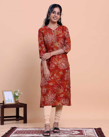 Women's Floral Printed Straight Kurta with V-Neck and 3/4 th Sleeves - Red