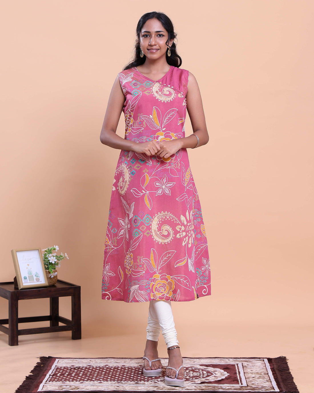 Women's Floral Printed V-Neck Sleeveless A-Line Kurta - Pink