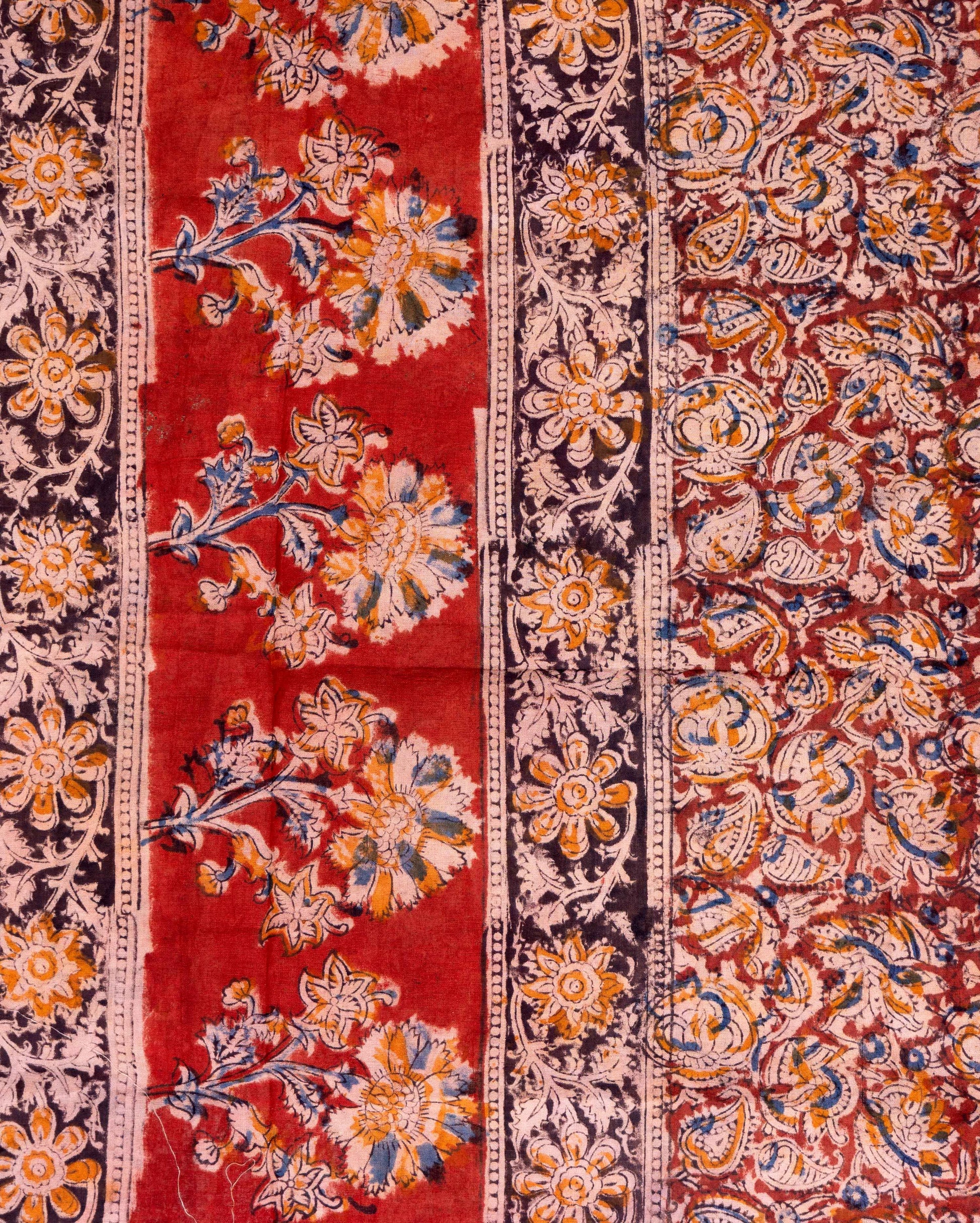 Women's Hand Block Kalamkari Printed and Floral Motif Cotton Dupatta - Multi