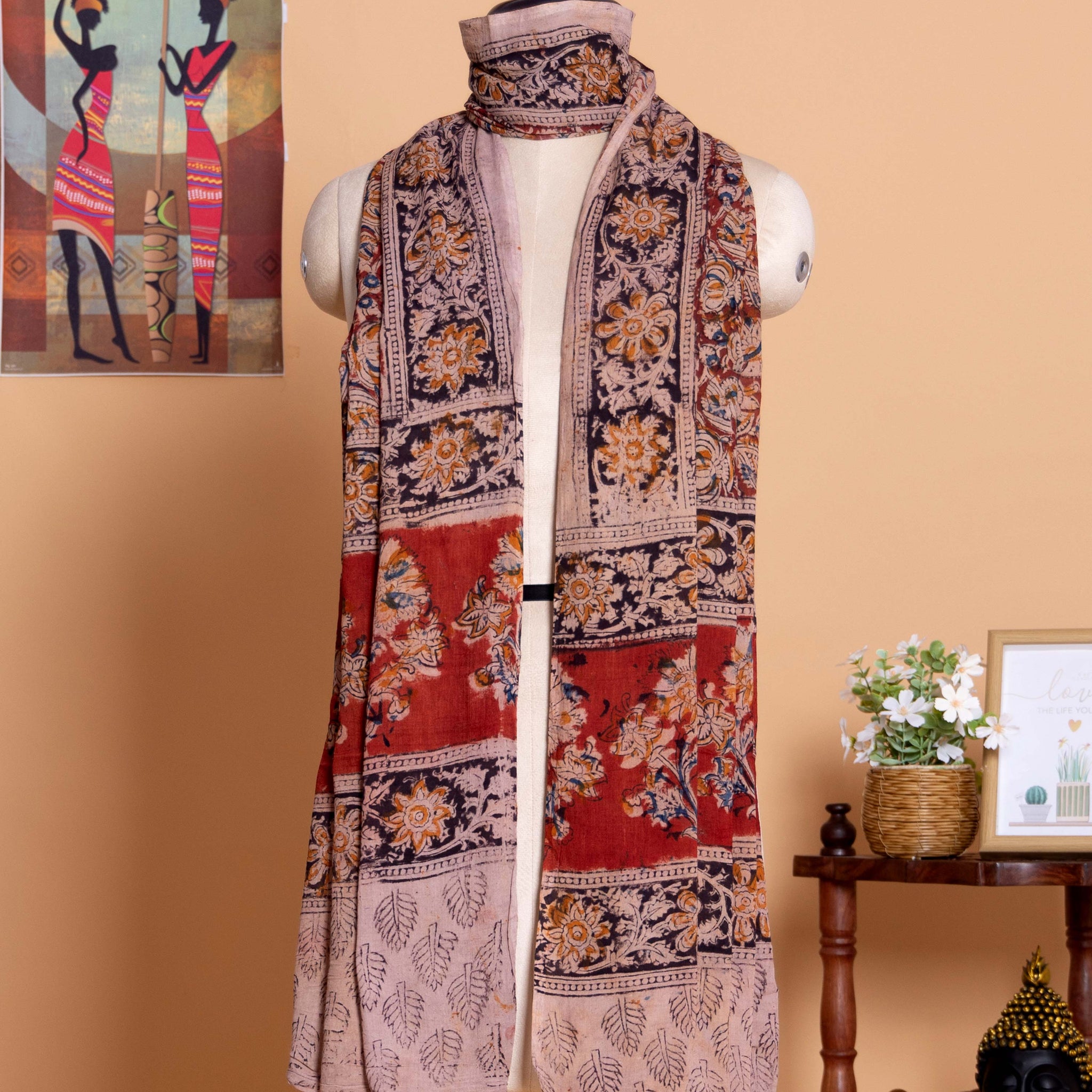 Women's Hand Block Kalamkari Printed and Floral Motif Cotton Dupatta - Multi