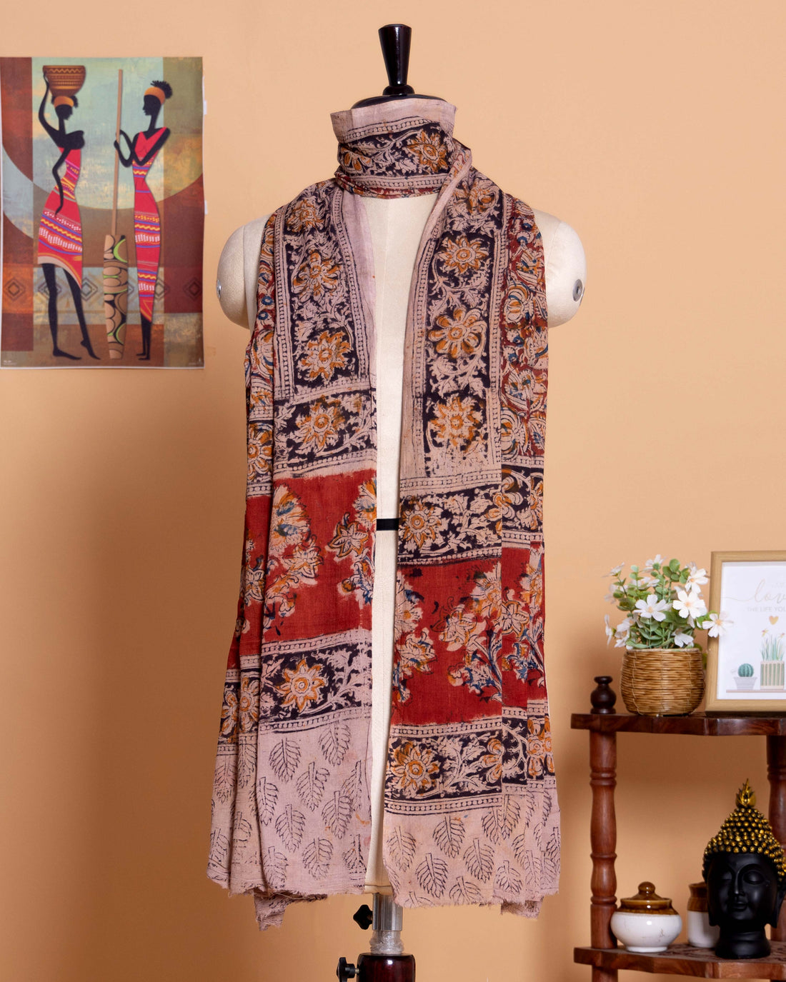 Women's Hand Block Kalamkari Printed and Floral Motif Cotton Dupatta - Multi