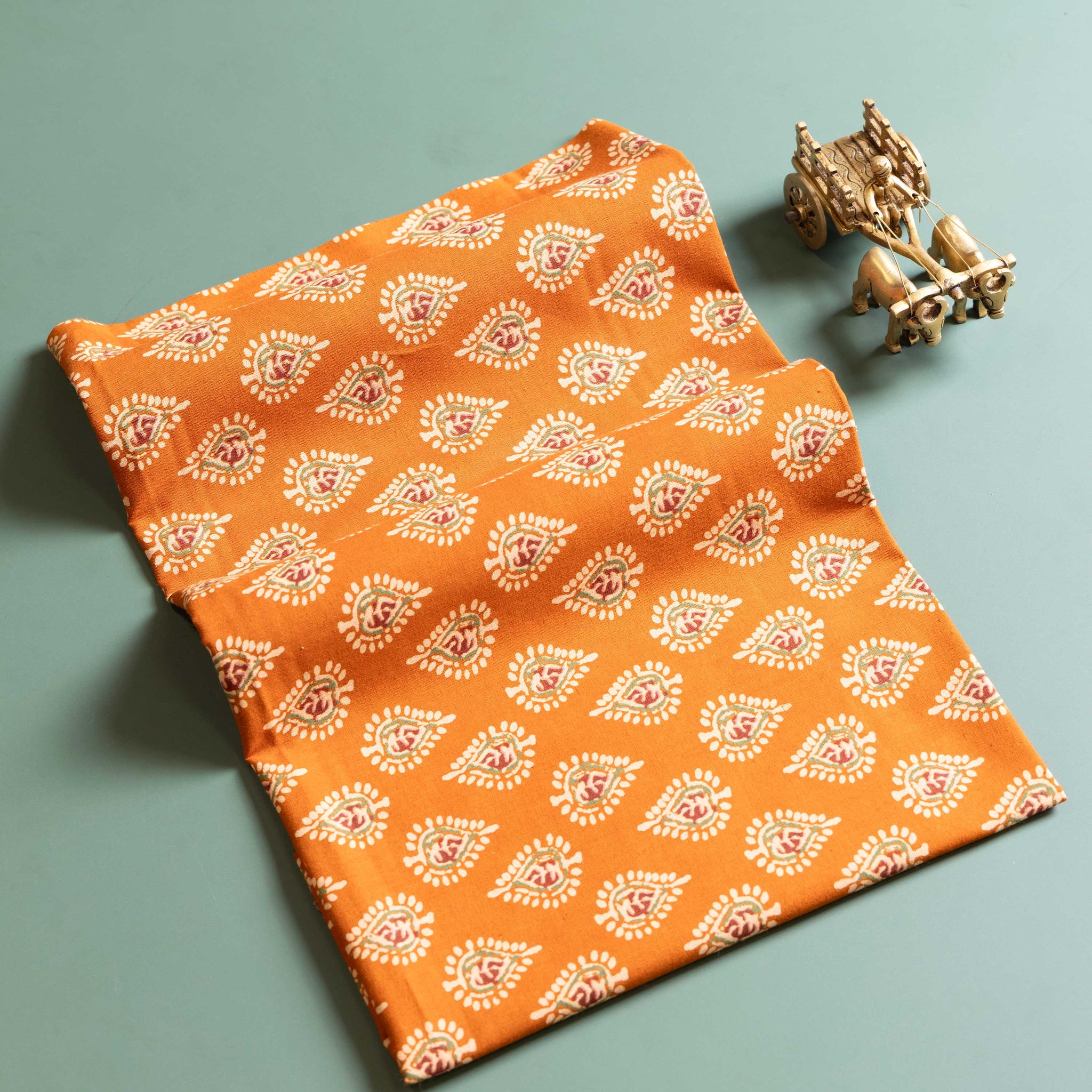 Women's Hand Block Printed Cotton Blouse Fabric with Traditional Motifs - Orange