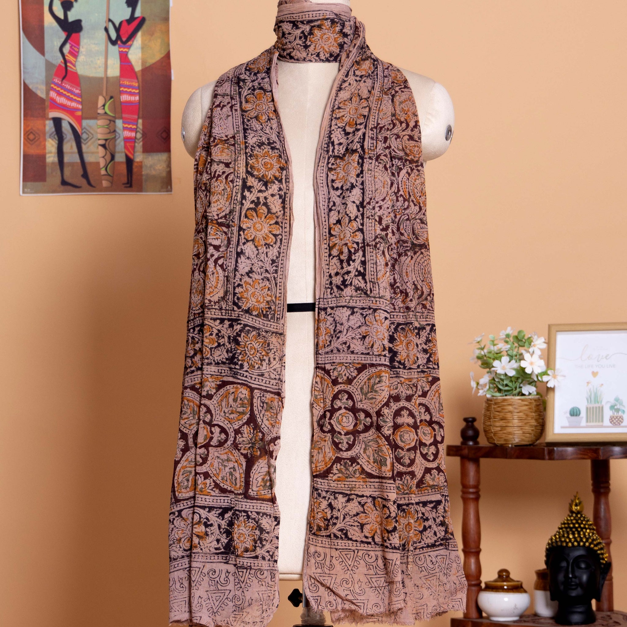  Women's Hand Block Printed Floral and Paisley Cotton Dupatta - Multi 