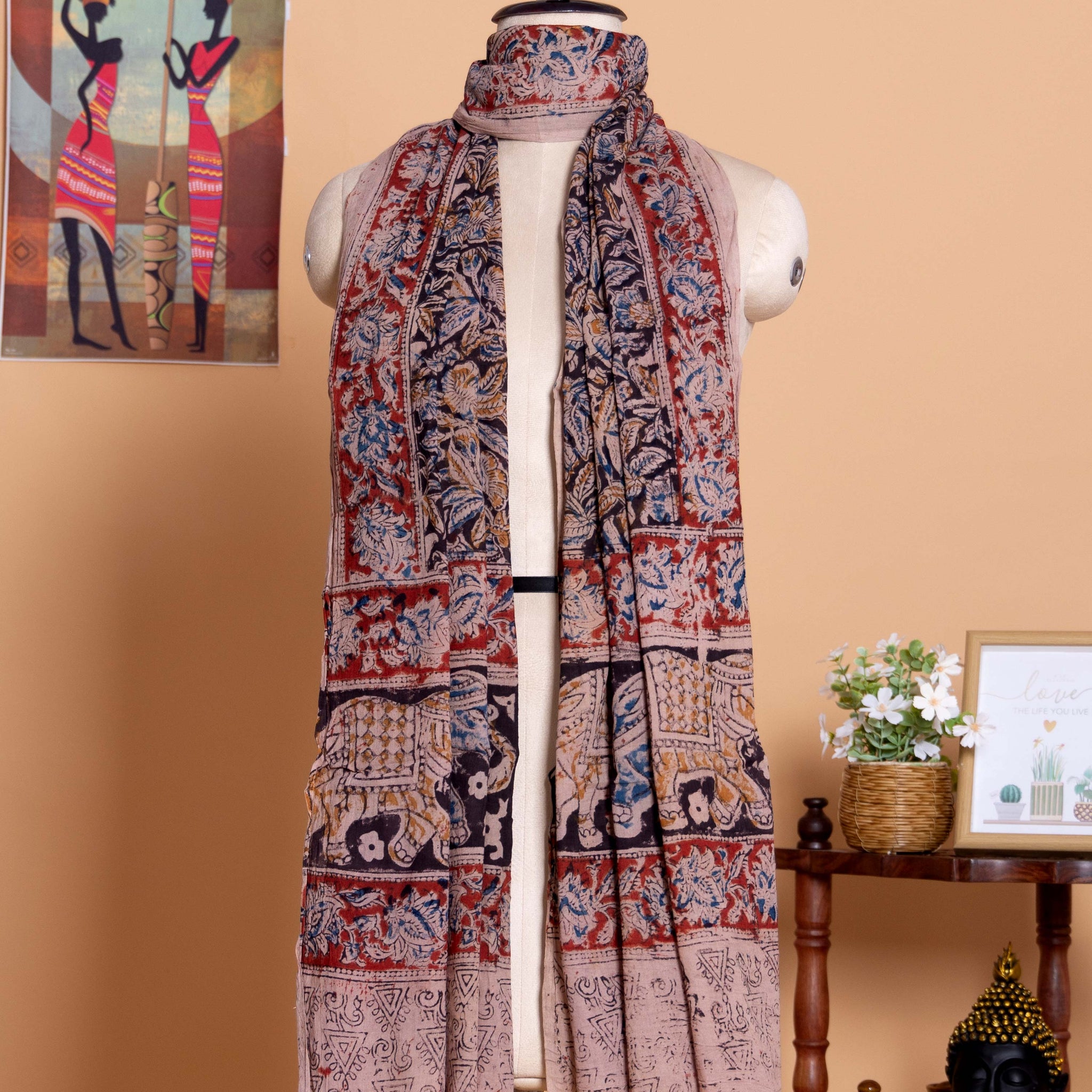 Women's Hand Block Printed Kalamkari Elephant and Floral Motif Cotton Dupatta - Multi