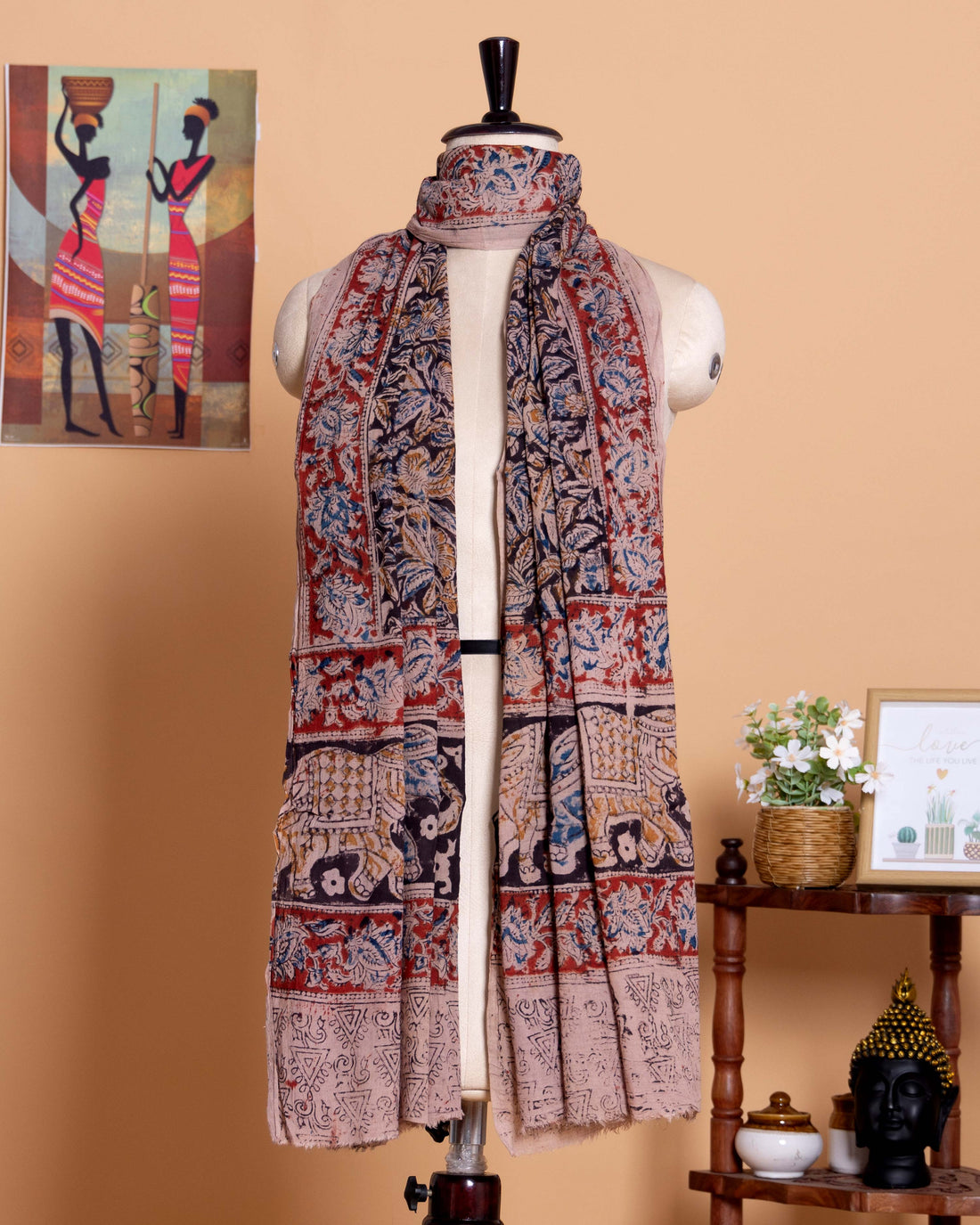 Women's Hand Block Printed Kalamkari Elephant and Floral Motif Cotton Dupatta - Multi