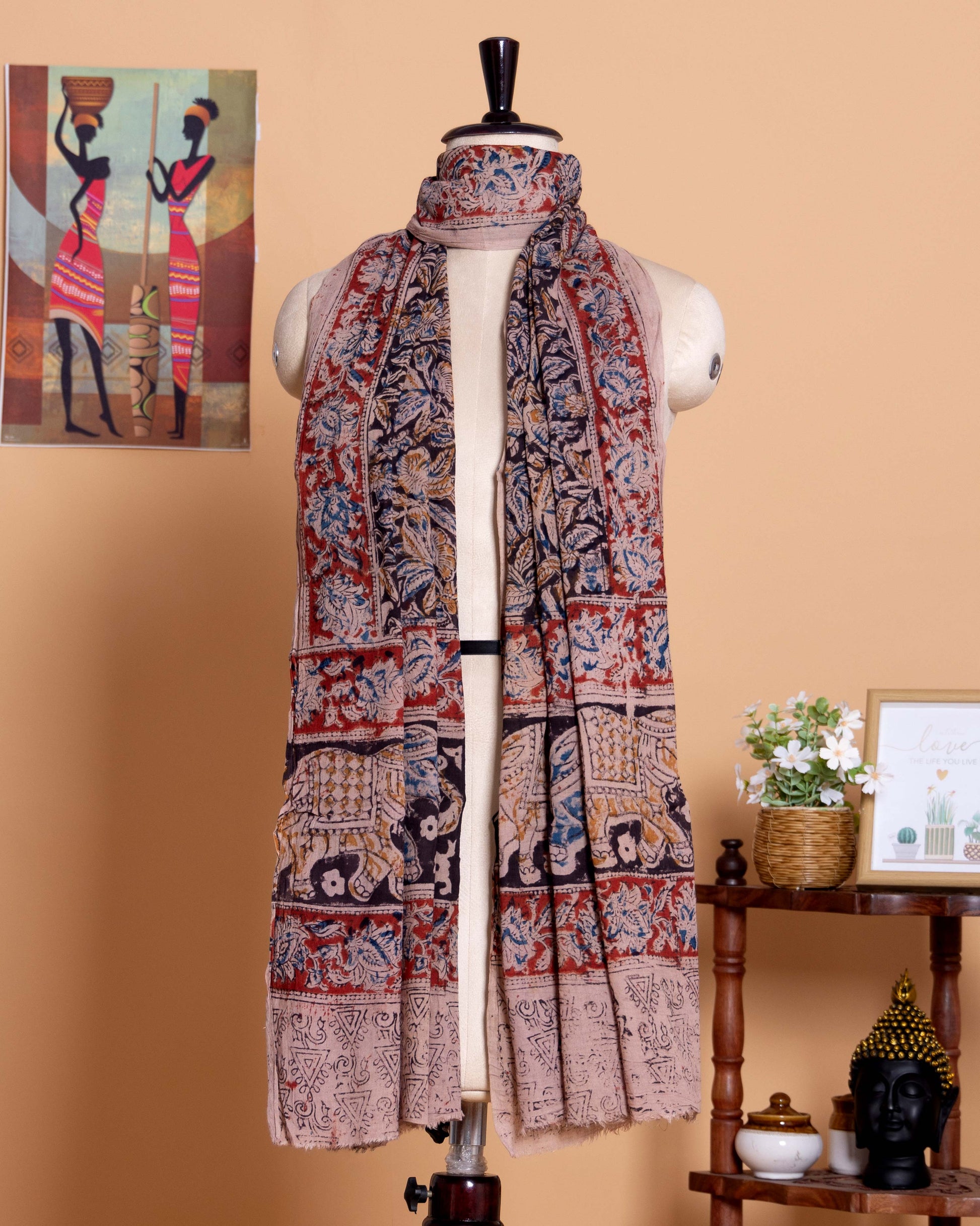 Women's Hand Block Printed Kalamkari Elephant and Floral Motif Cotton Dupatta - Multi