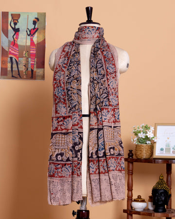 Women's Hand Block Printed Kalamkari Elephant and Floral Motif Cotton Dupatta - Multi