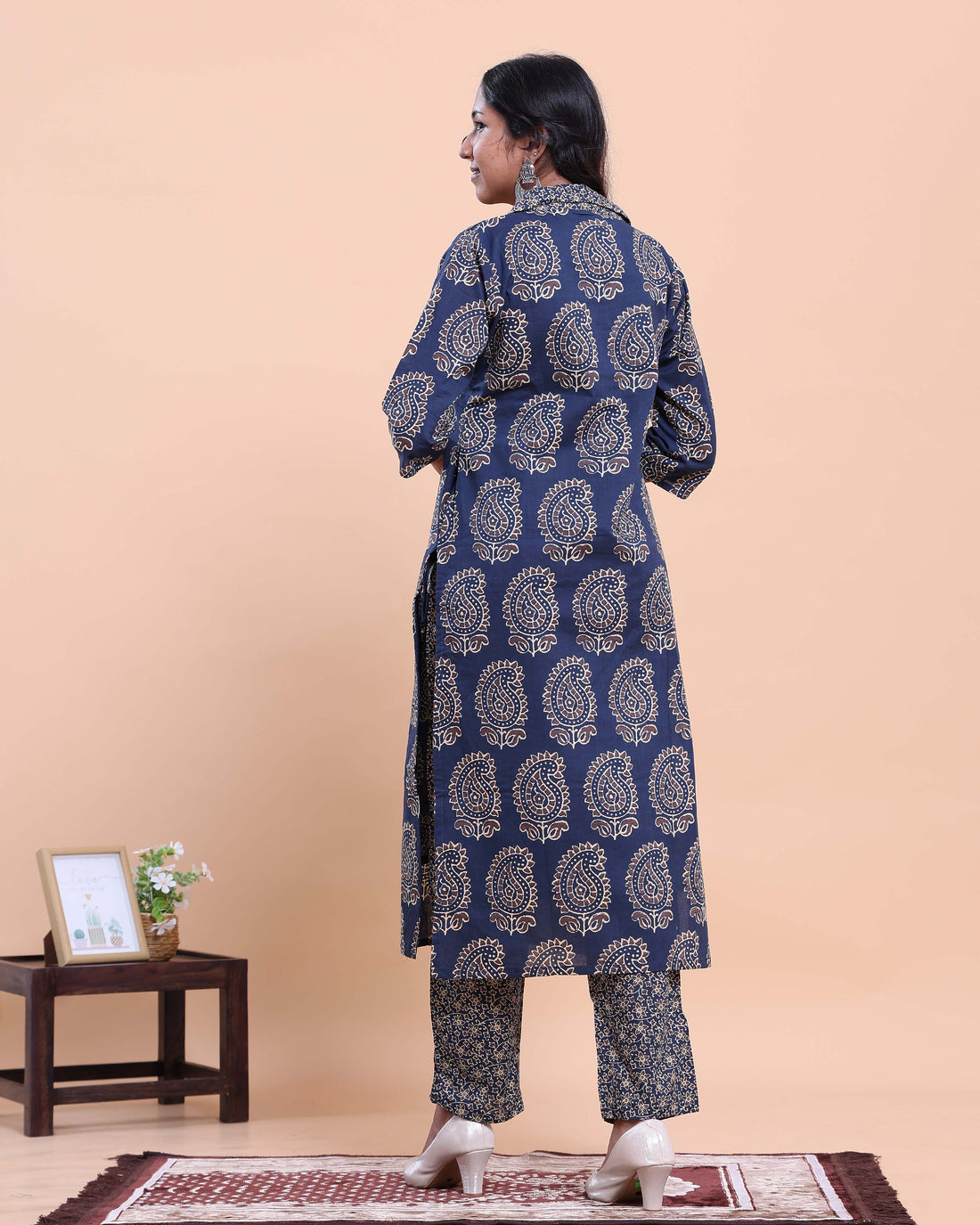 Women's Handblock Printed Kurta with Palazzo Set- Navy Blue