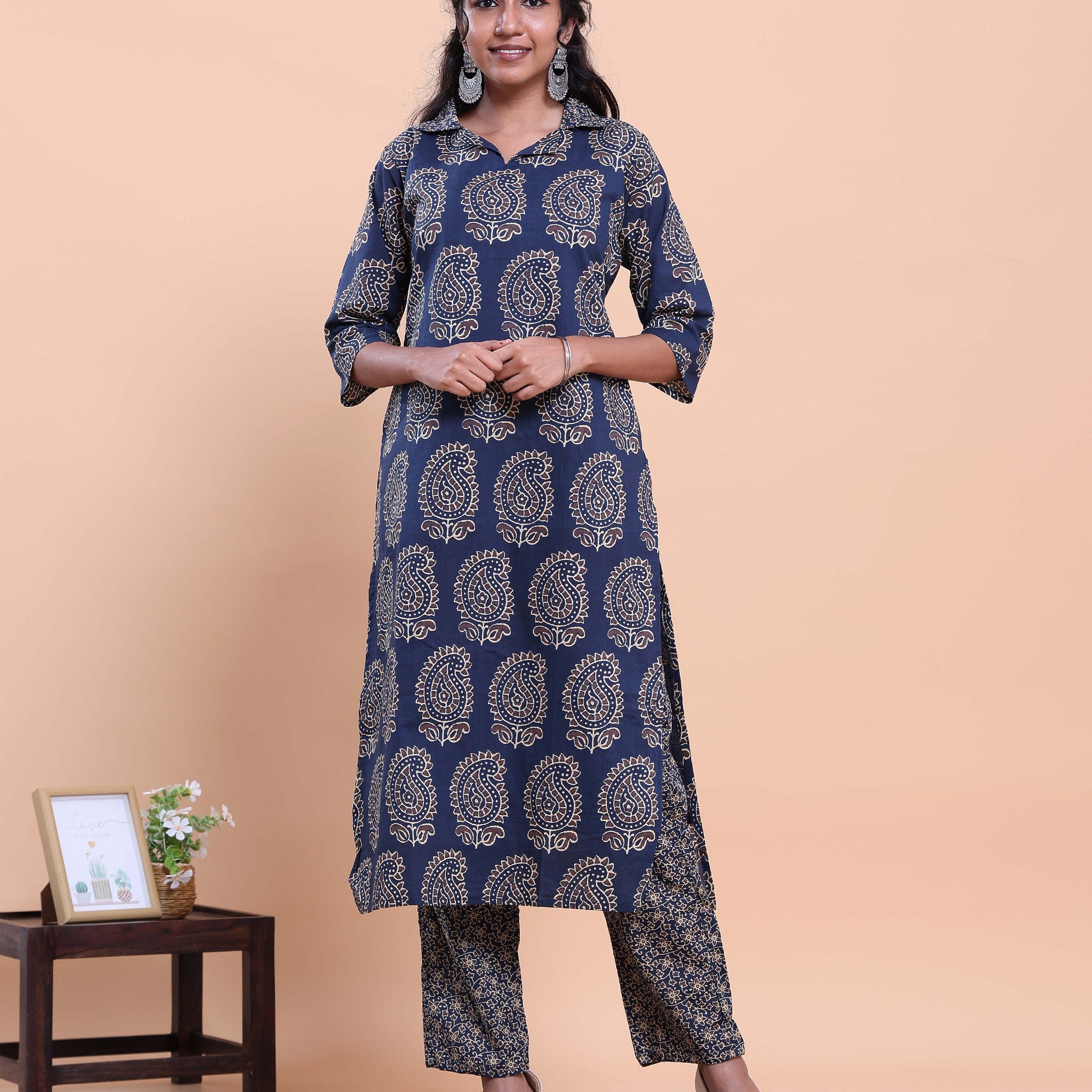 Women's Handblock Printed Kurta with Palazzo Set- Navy Blue