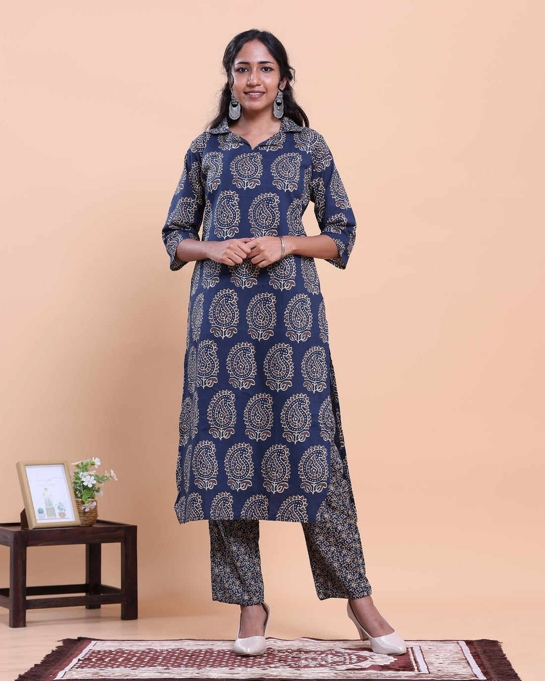 Women's Handblock Printed Kurta with Palazzo Set- Navy Blue