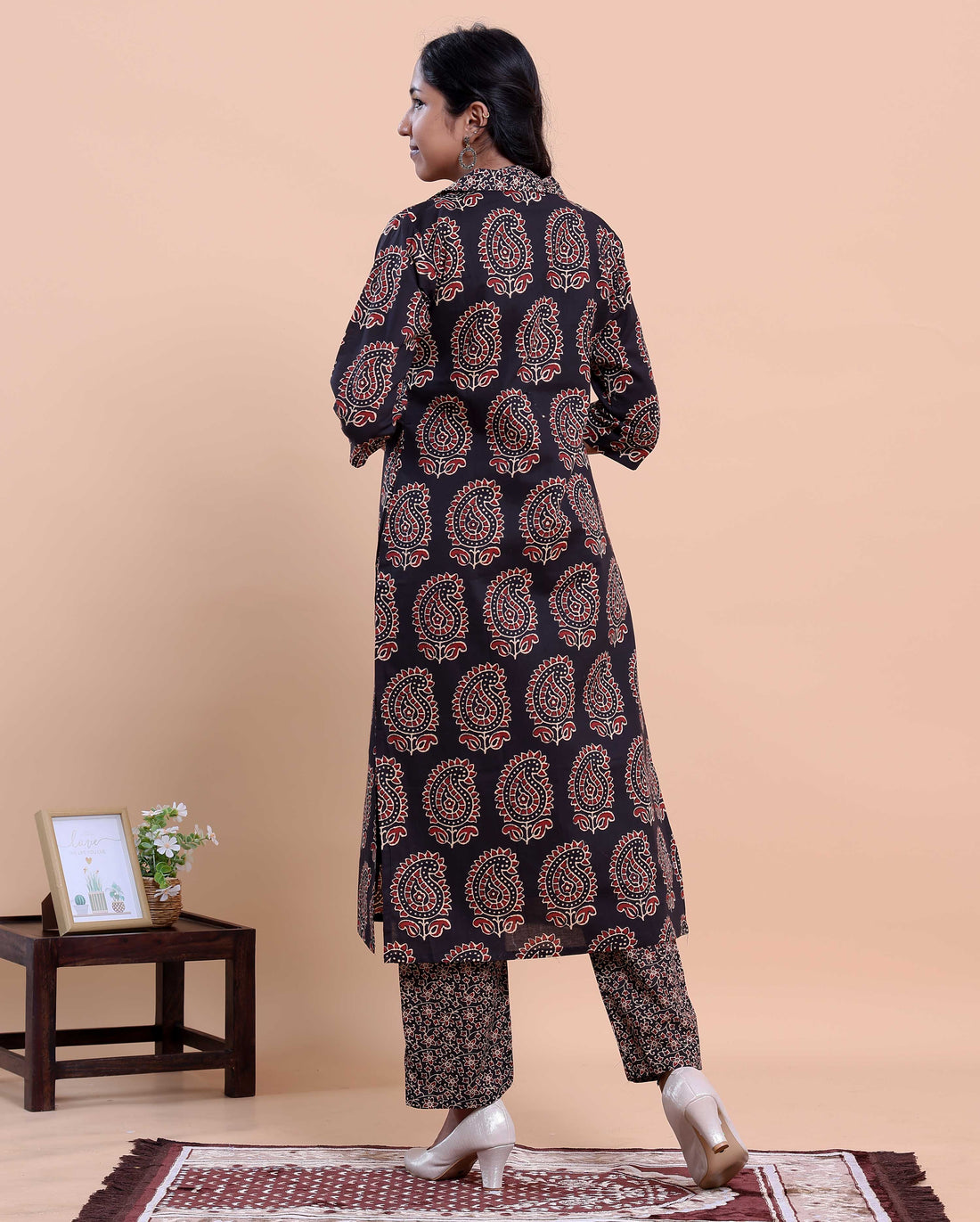 Women's Handblock Printed Kurta with Palazzo Set - Black