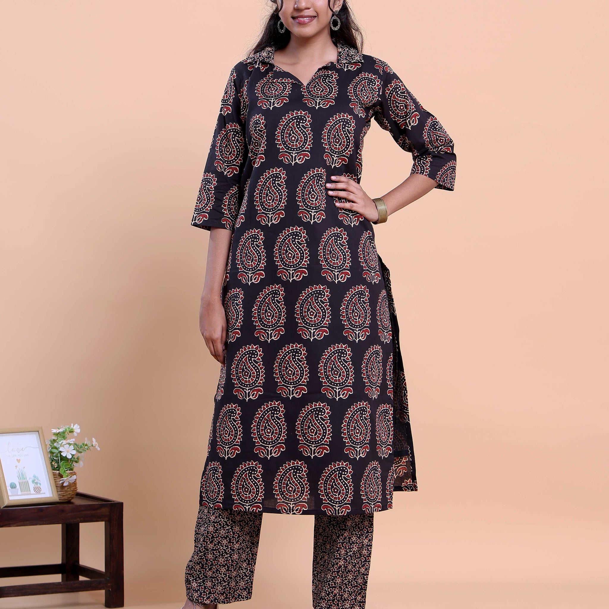 Women's Handblock Printed Kurta with Palazzo Set - Black