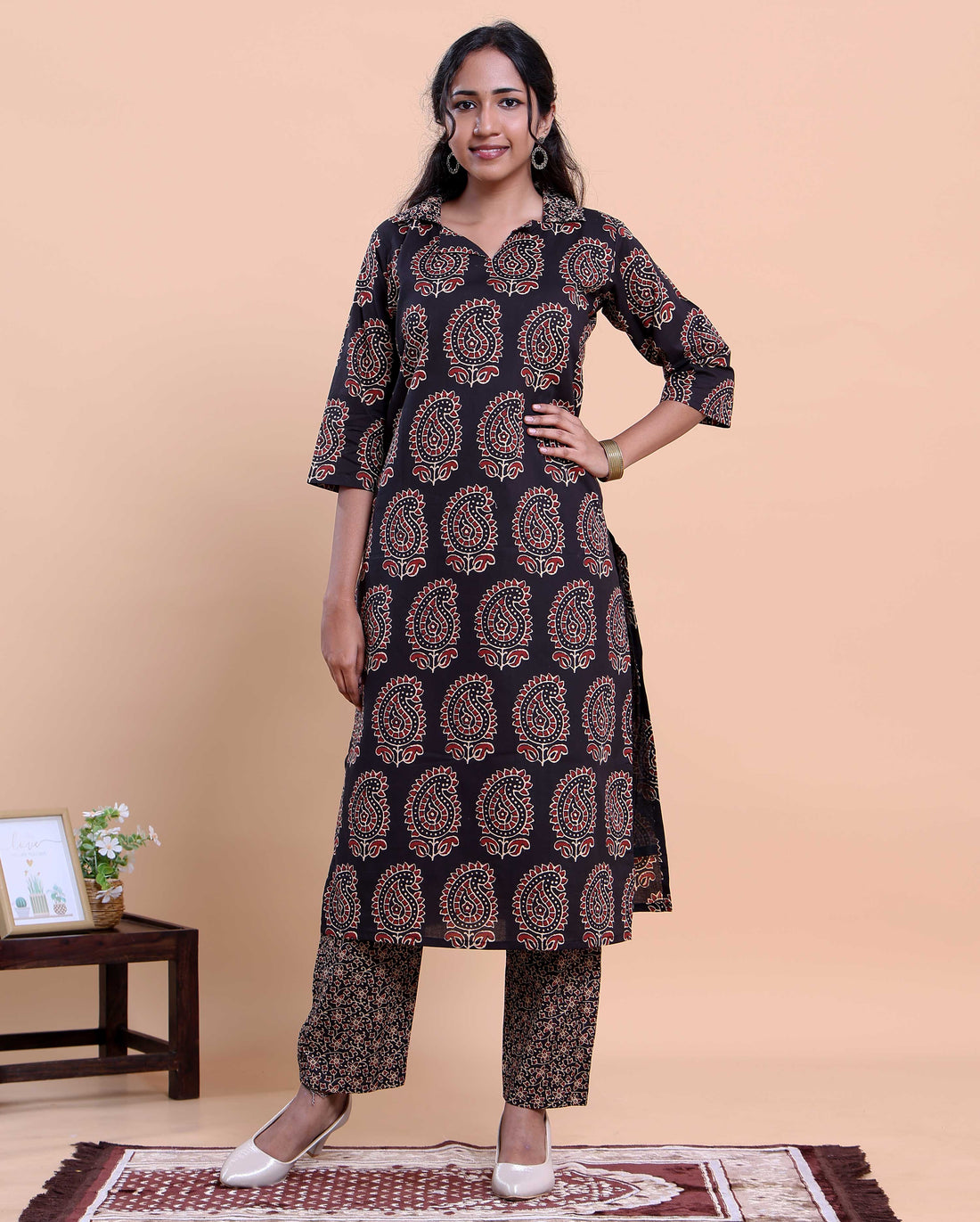 Women's Handblock Printed Kurta with Palazzo Set - Black