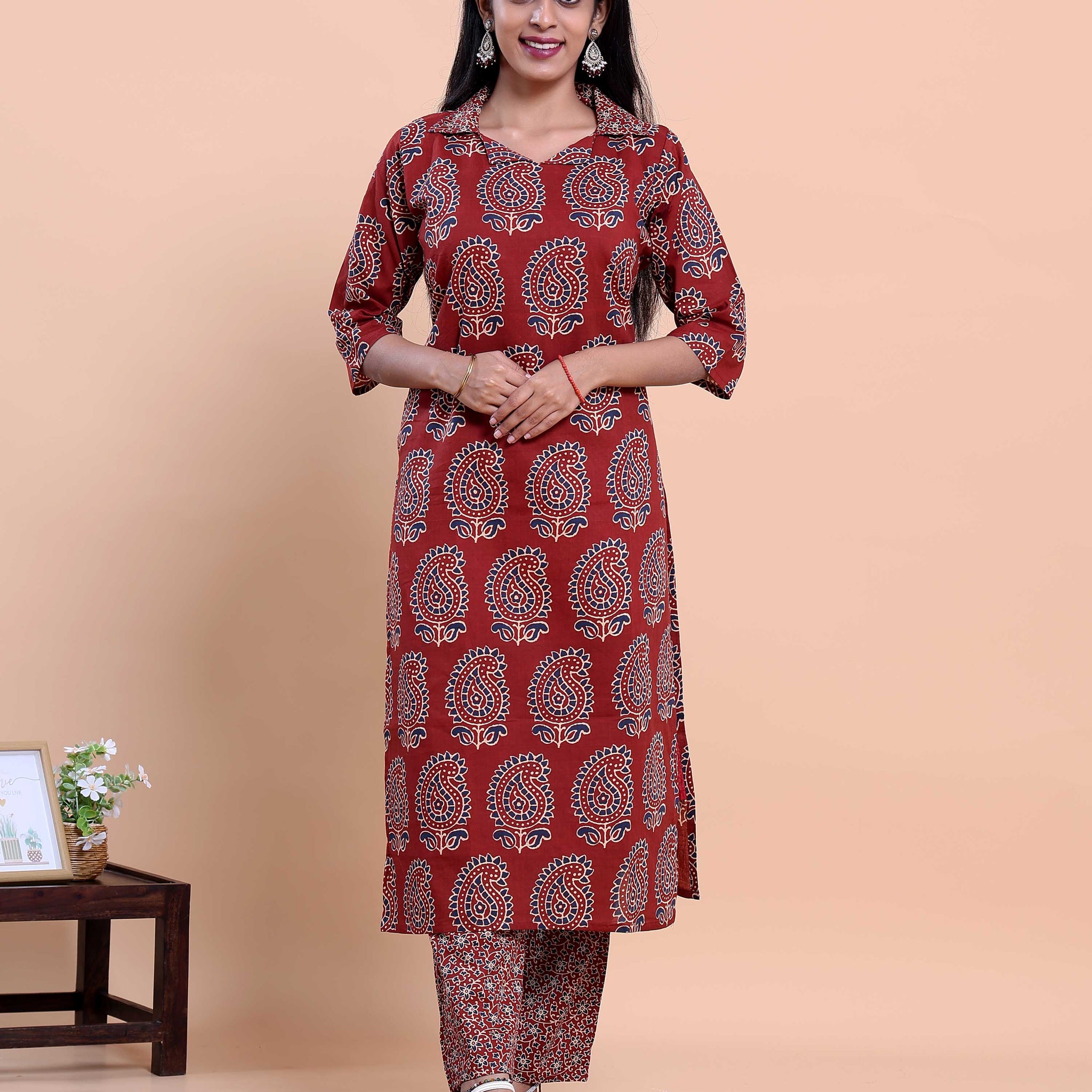 Women's Handblock Printed Kurta with Palazzo Set - Red
