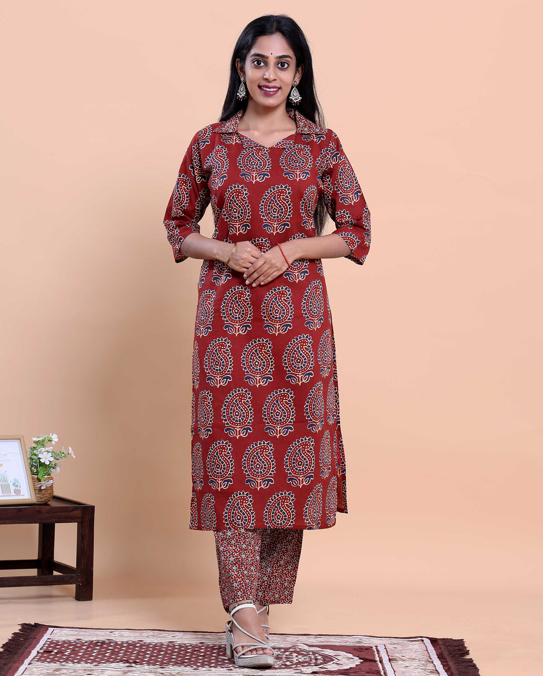 Women's Handblock Printed Kurta with Palazzo Set - Red