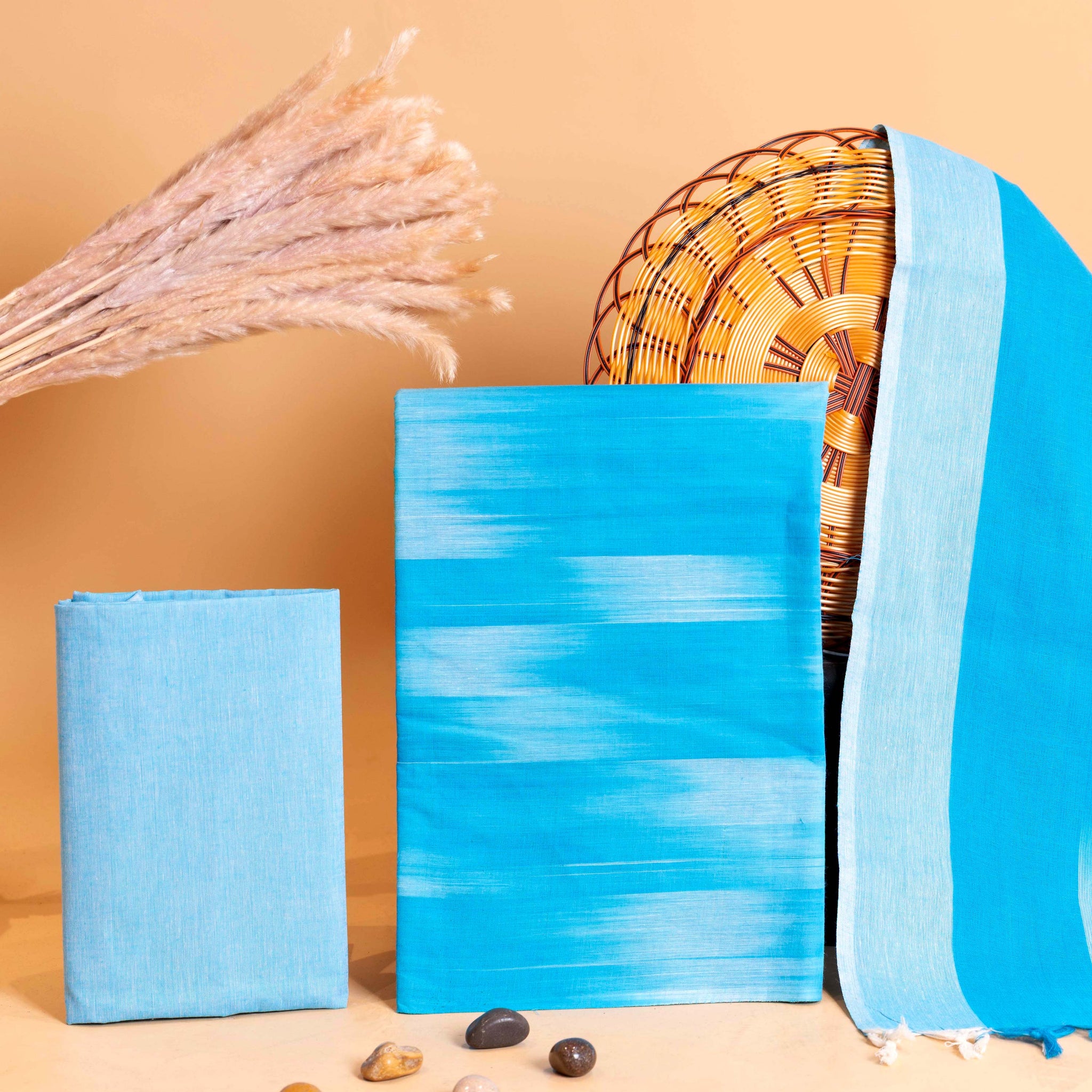 Women's Handloom Cotton Salwar Suit Material with Ikkat Pattern and Striped Dupatta - Blue