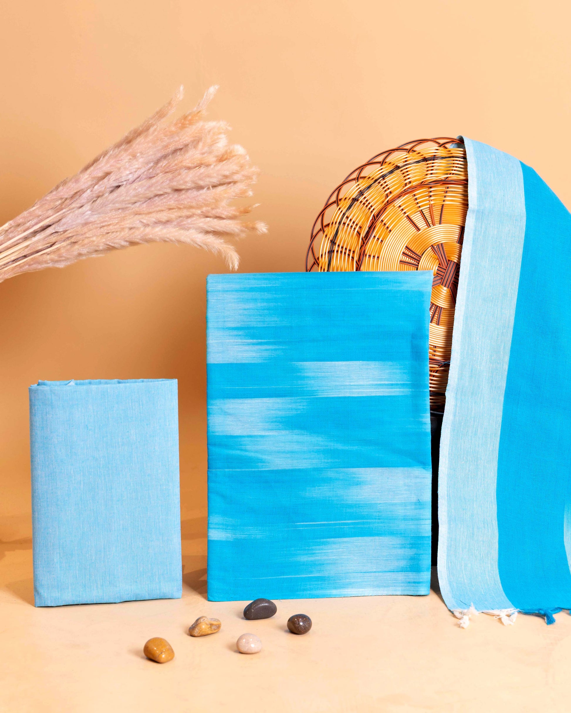 Women's Handloom Cotton Salwar Suit Material with Ikkat Pattern and Striped Dupatta - Blue