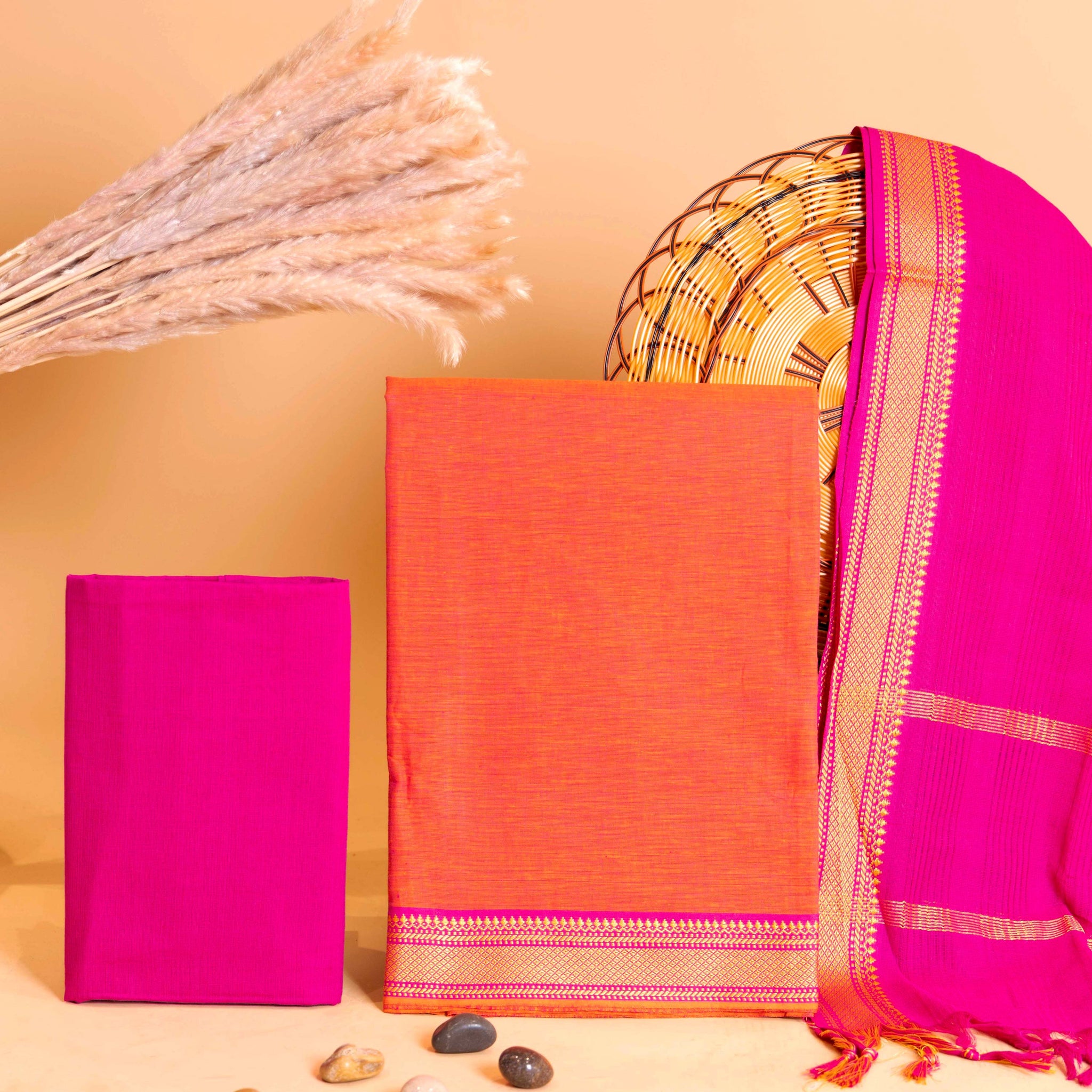 Women's Handloom Cotton Salwar Suit Material with Woven Zari Border - Orange