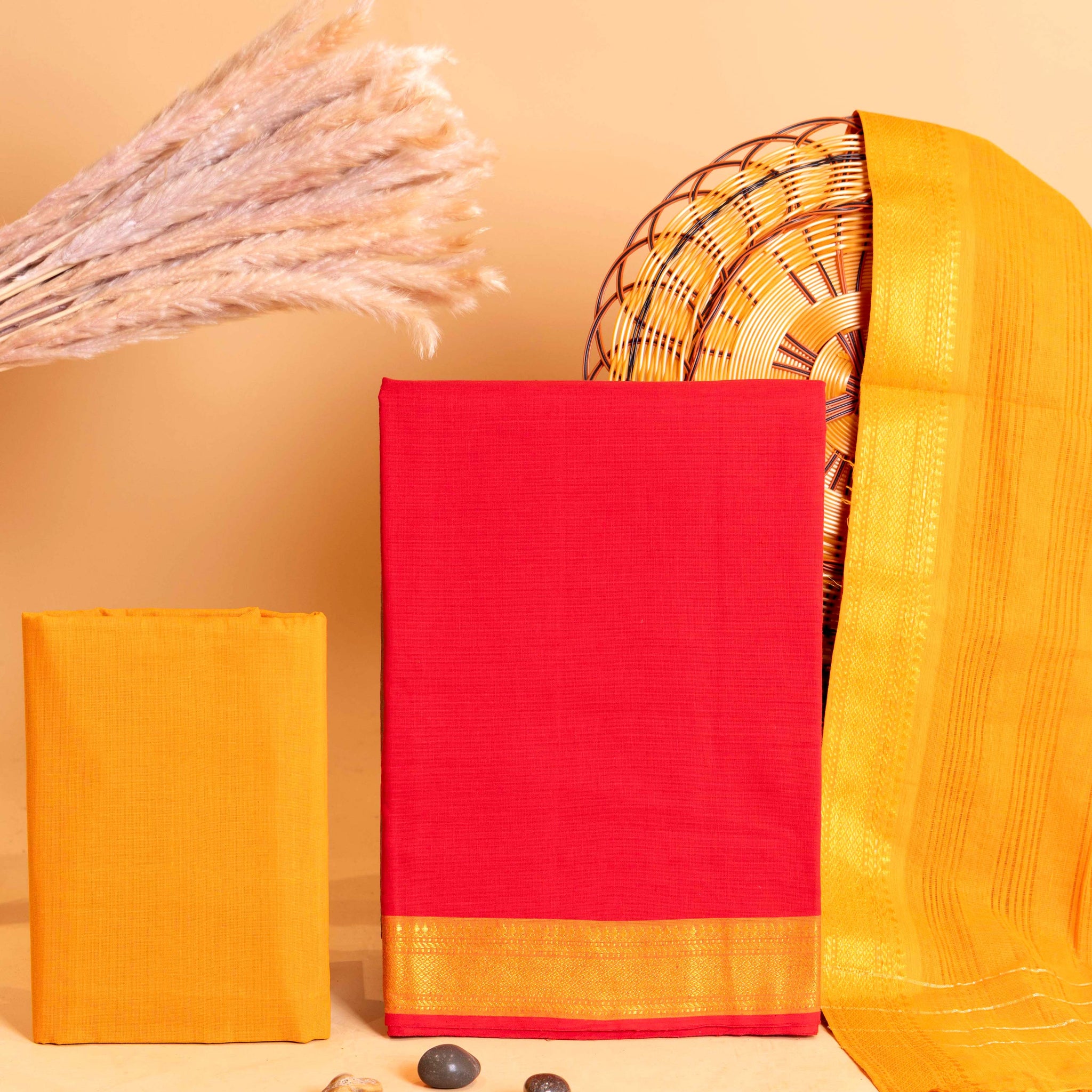 Women's Handloom Cotton Salwar Suit Material with Zari Border and Striped Dupatta - Red