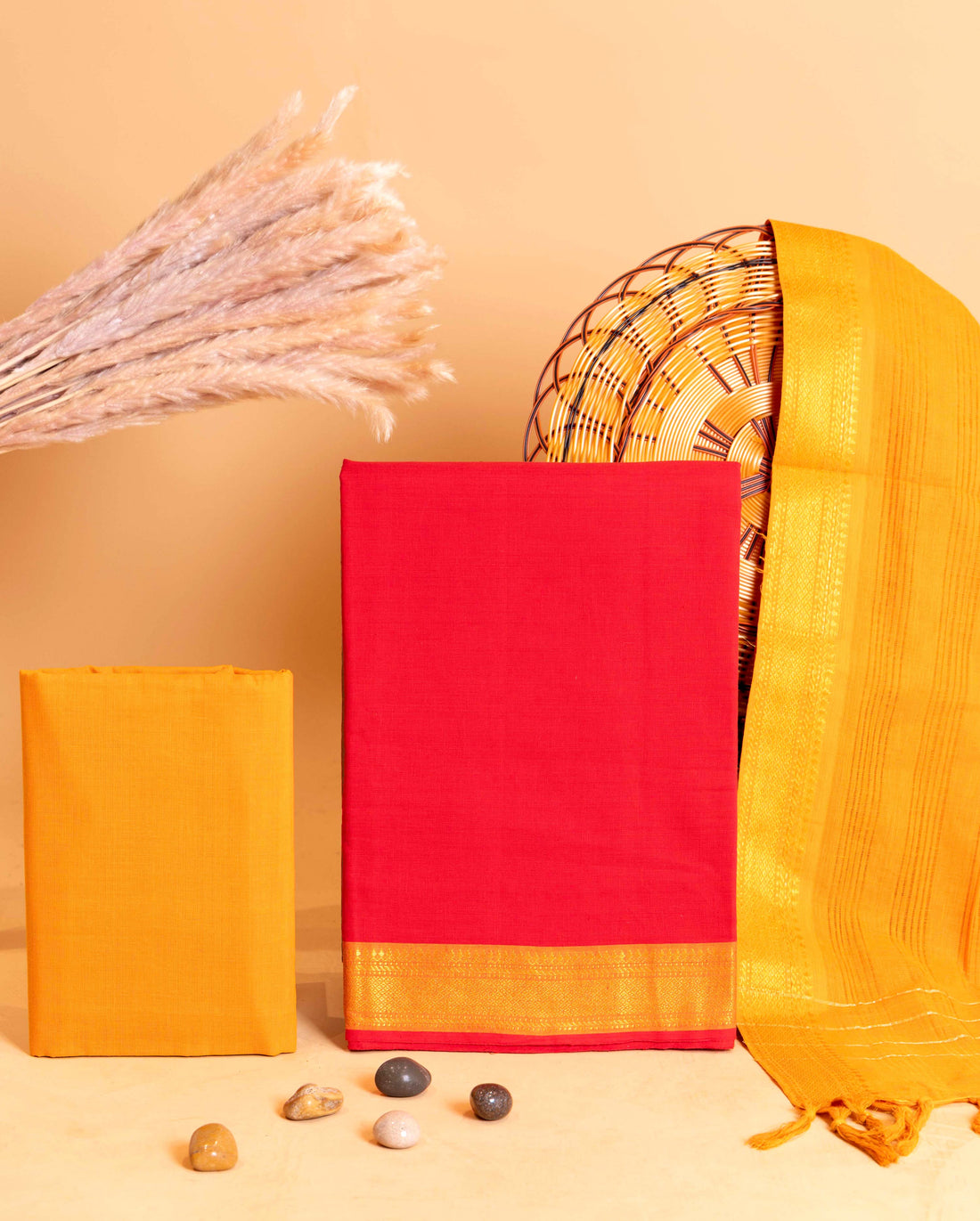 Women's Handloom Cotton Salwar Suit Material with Zari Border and Striped Dupatta - Red