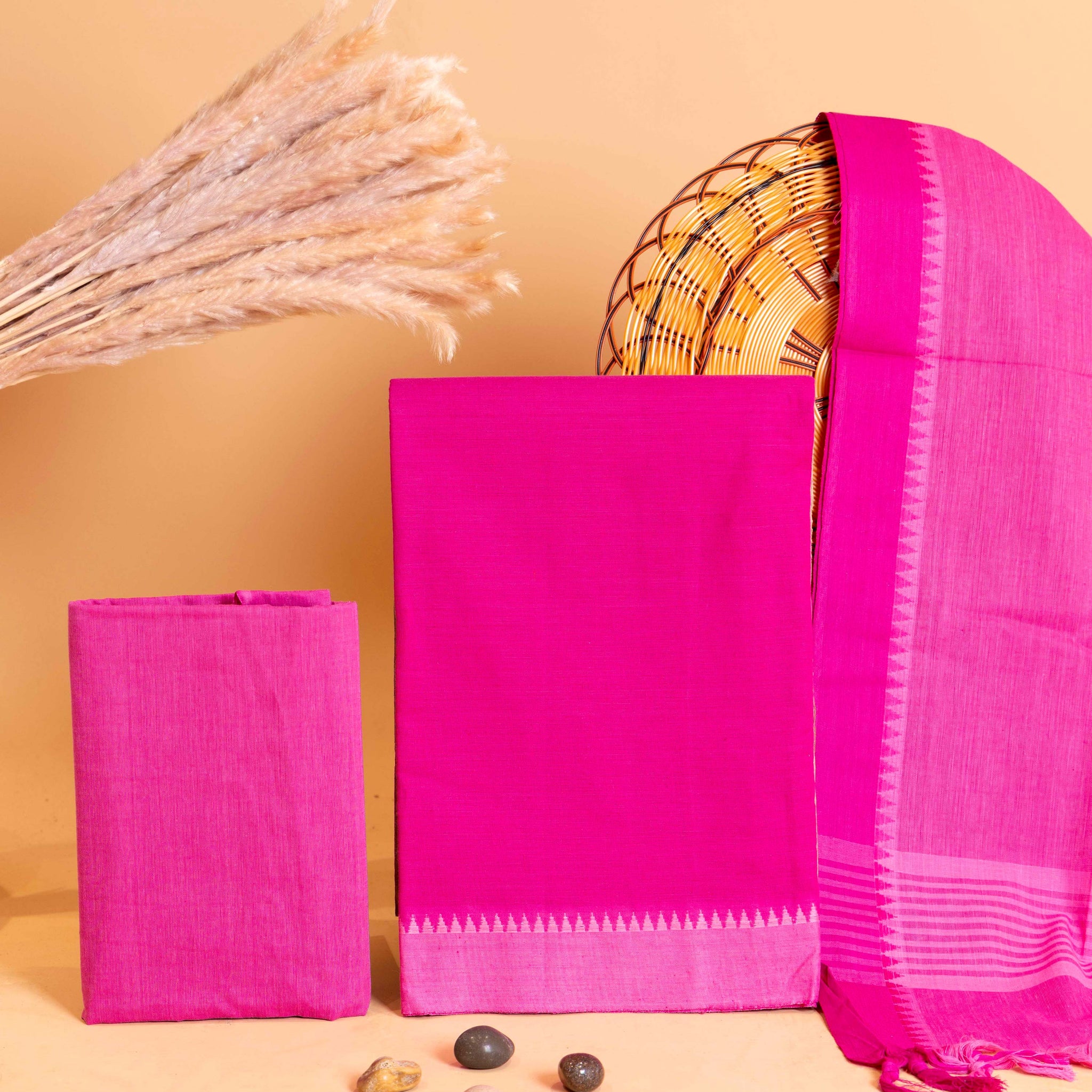 Women's Handloom Cotton Salwar Suit Set with Woven Border and Tasseled Dupatta - Pink