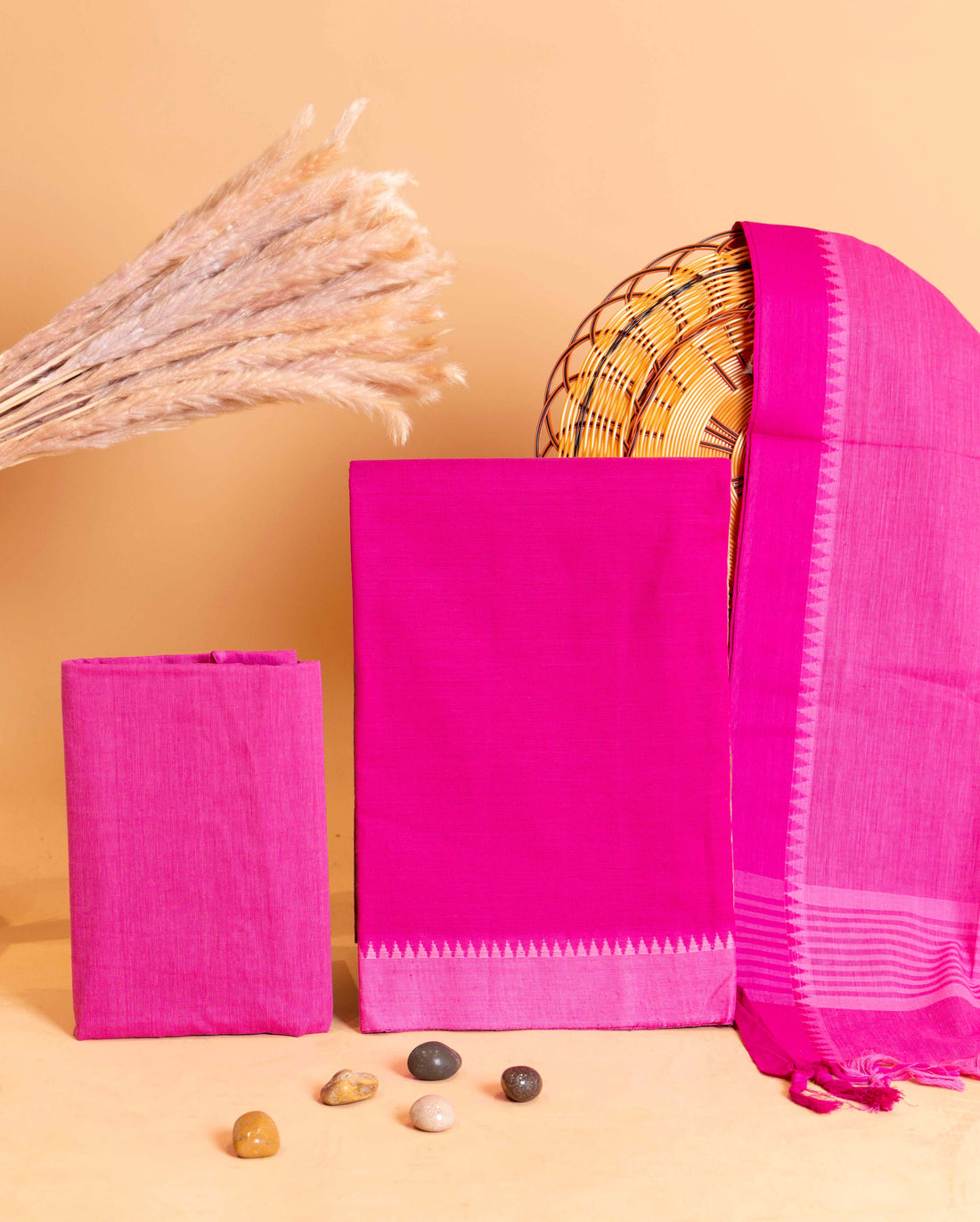 Women's Handloom Cotton Salwar Suit Set with Woven Border and Tasseled Dupatta - Pink
