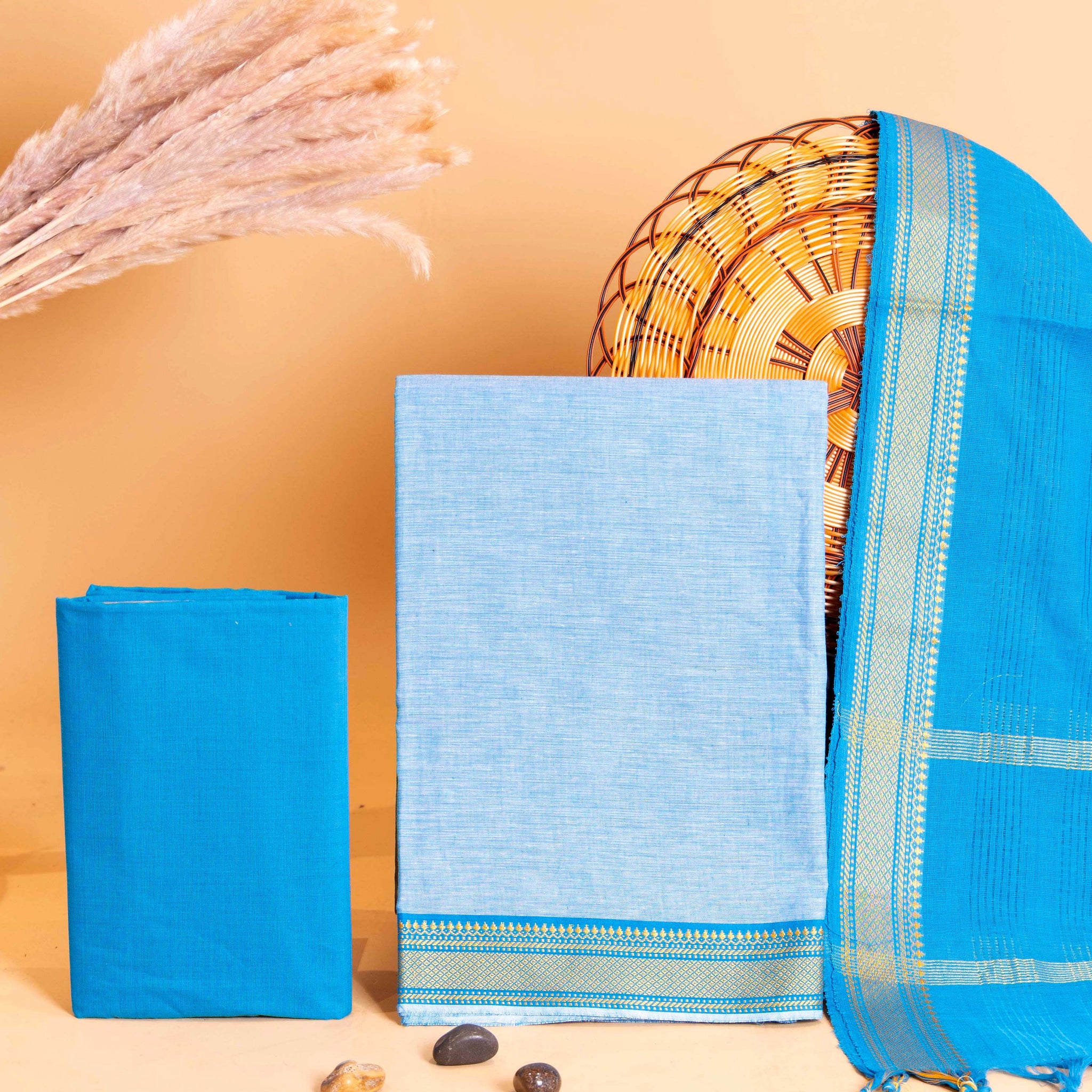 Women's Handloom Cotton Unstitched Salwar Set Material with Zari Border - Light Blue