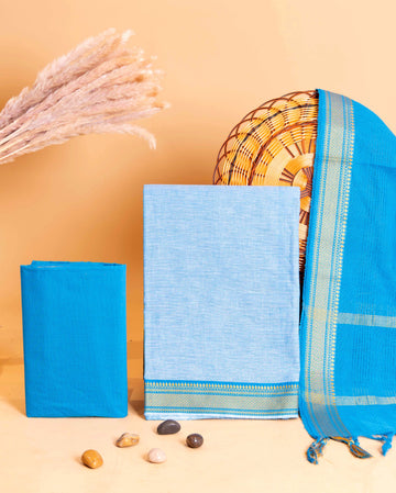 Women's Handloom Cotton Unstitched Salwar Set Material with Zari Border - Light Blue