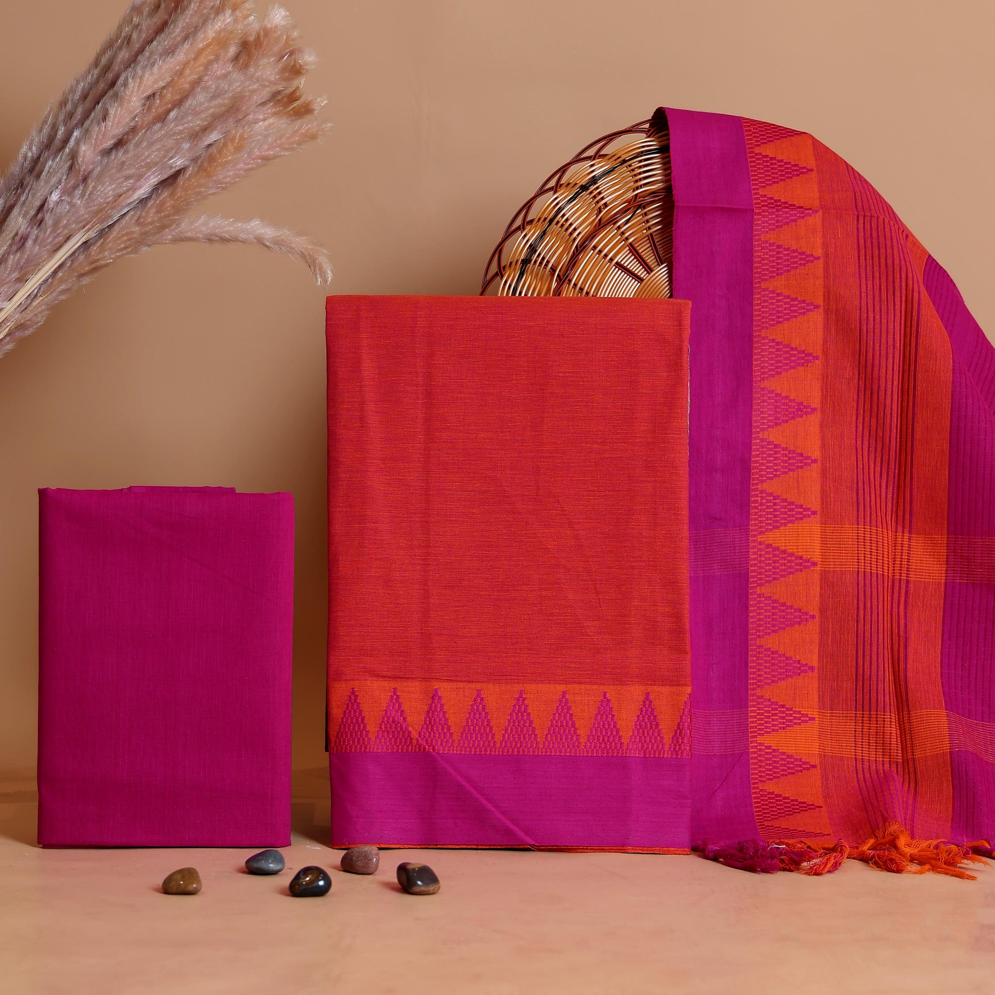 Women's Handloom Cotton Unstitched Salwar Suit Material with Geometric Woven Dupatta - Red