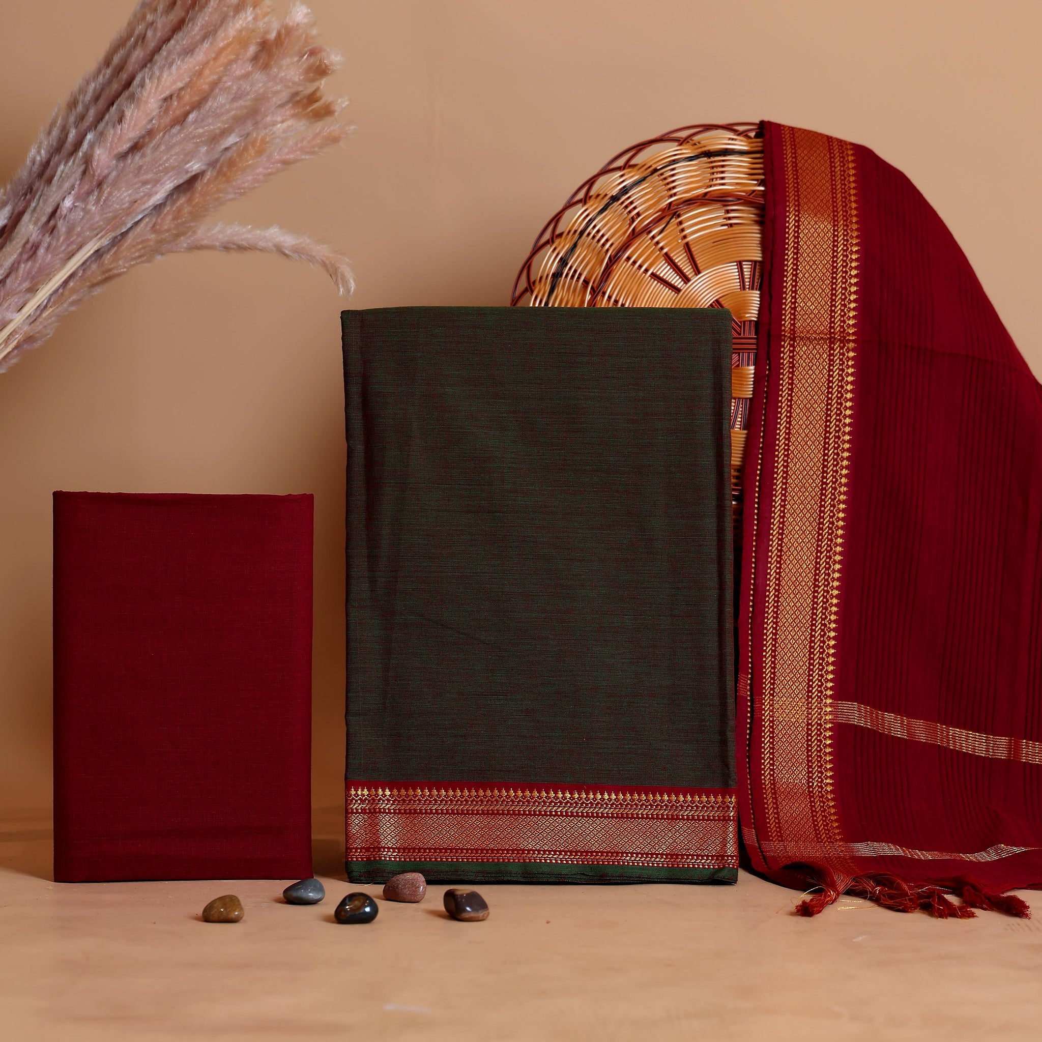 Women's Handloom Cotton Unstitched Salwar Suit Material with Traditional Zari Woven Dupatta - Dark Green