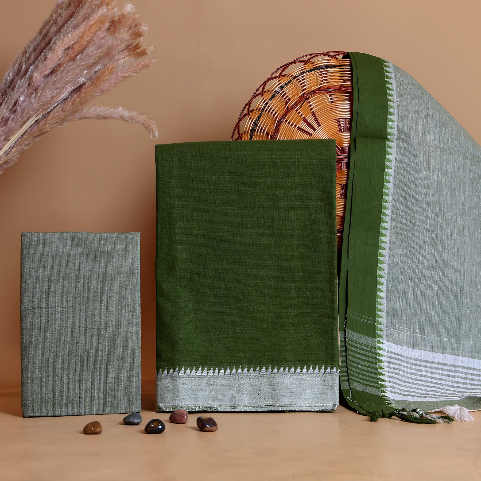 Women's Handloom Cotton Unstitched Salwar Suit Material with Woven Border and Dupatta - Green