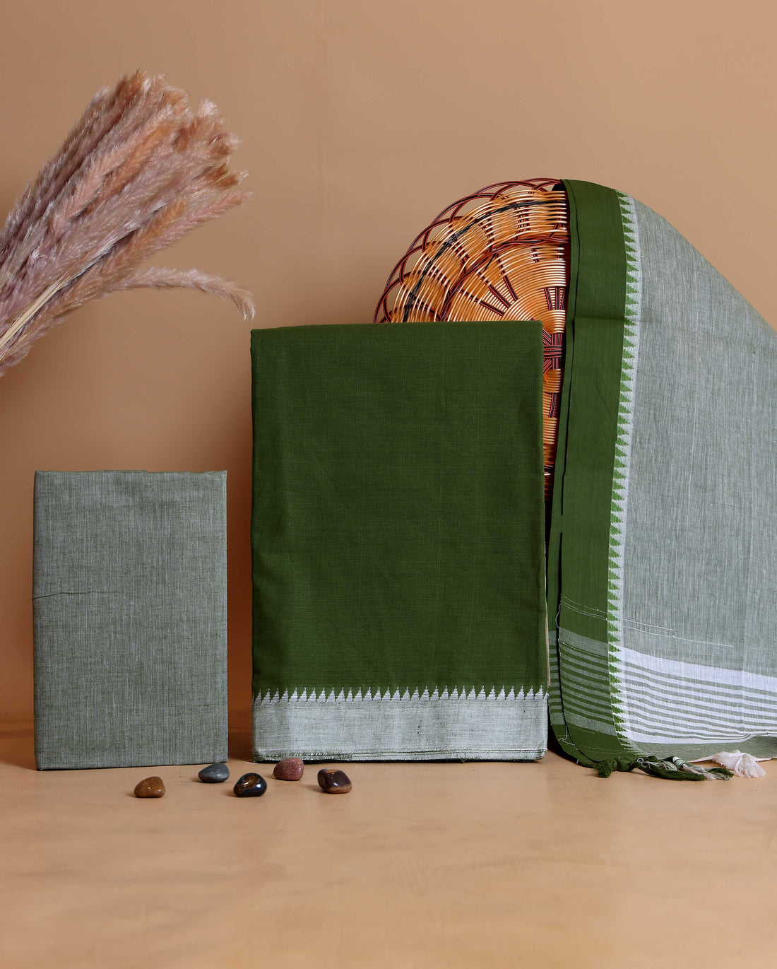 Women's Handloom Cotton Unstitched Salwar Suit Material with Woven Border and Dupatta - Green