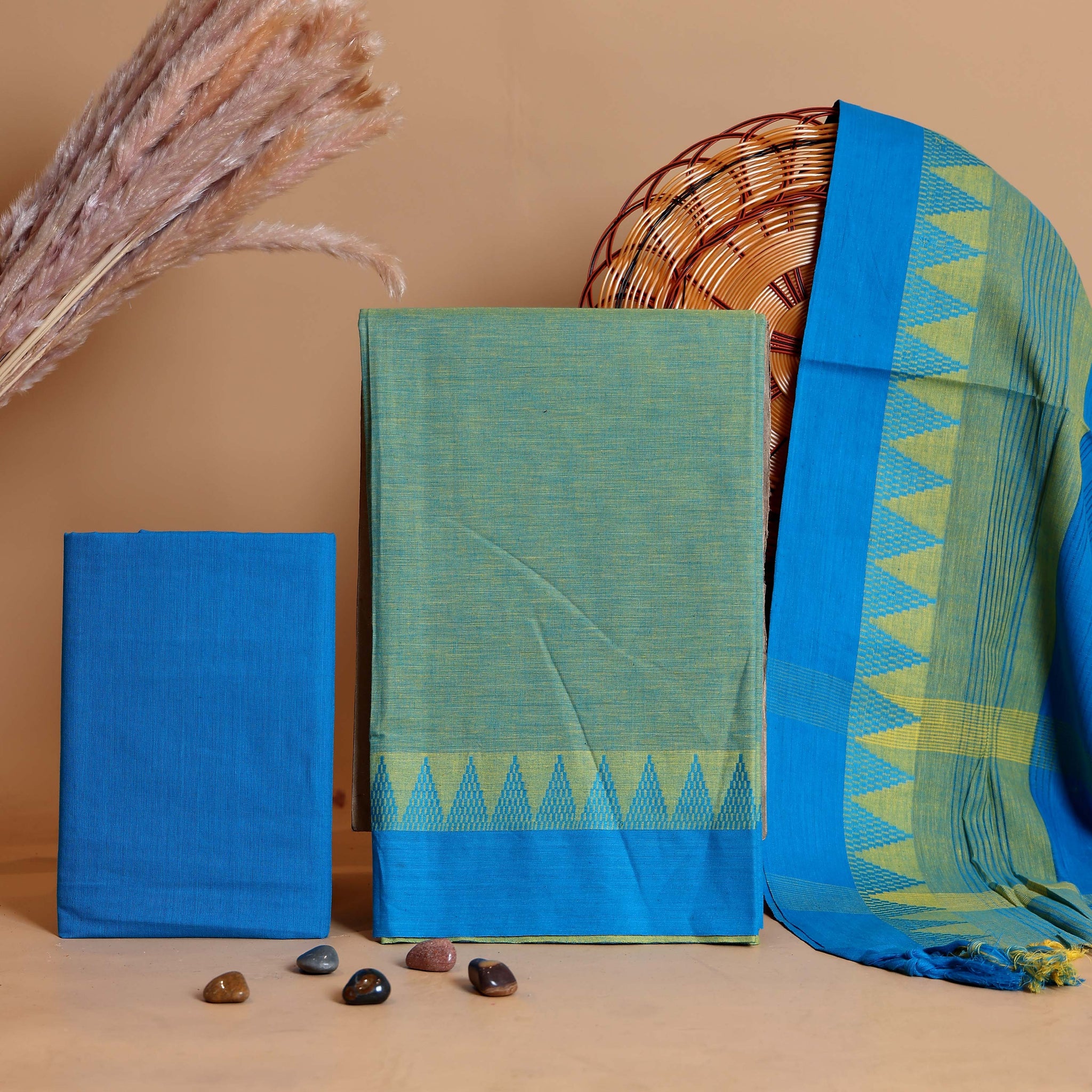 Women's Handloom Cotton Unstitched Salwar Suit Material with Woven Border and Matching Patterned Dupatta - Green