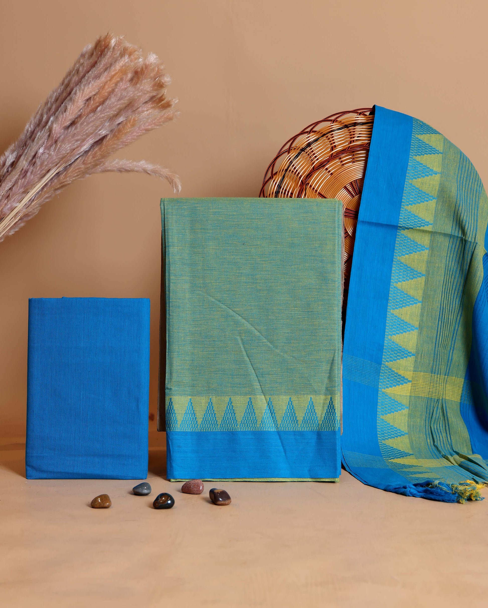 Women's Handloom Cotton Unstitched Salwar Suit Material with Woven Border and Matching Patterned Dupatta - Green