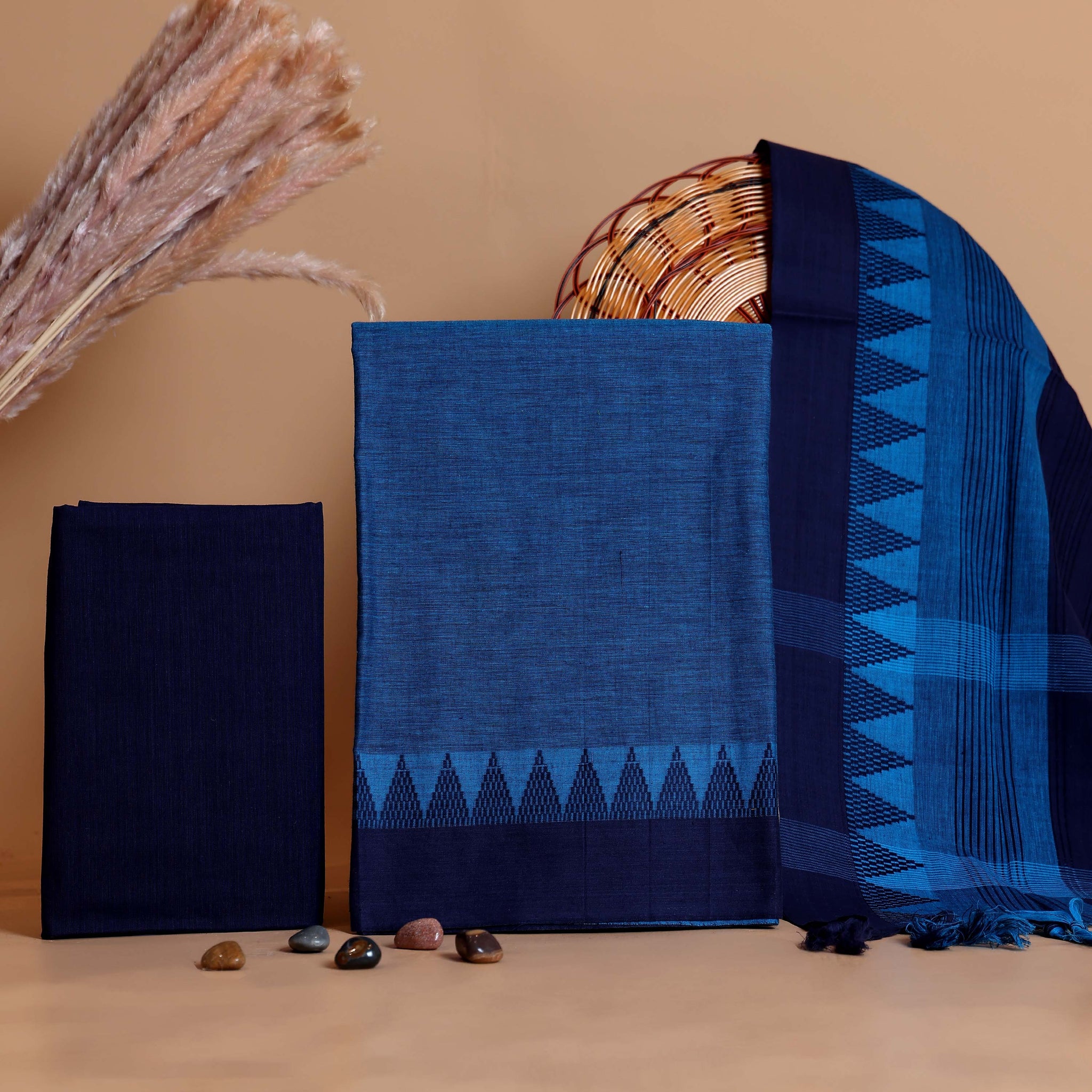 Women's Handloom Cotton Unstitched Salwar Suit Material with Woven Border and Patterned Dupatta - Blue