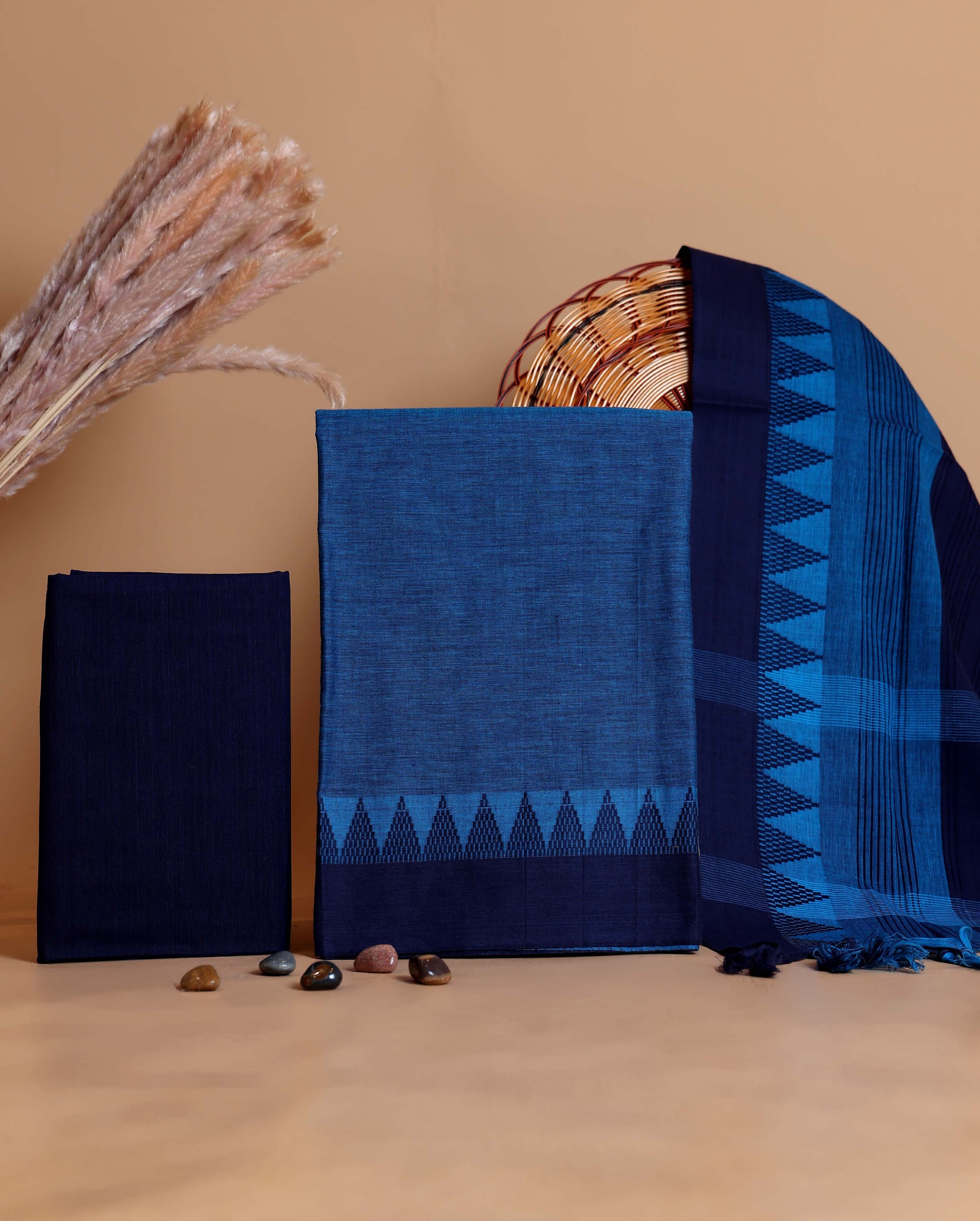 Women's Handloom Cotton Unstitched Salwar Suit Material with Woven Border and Patterned Dupatta - Blue