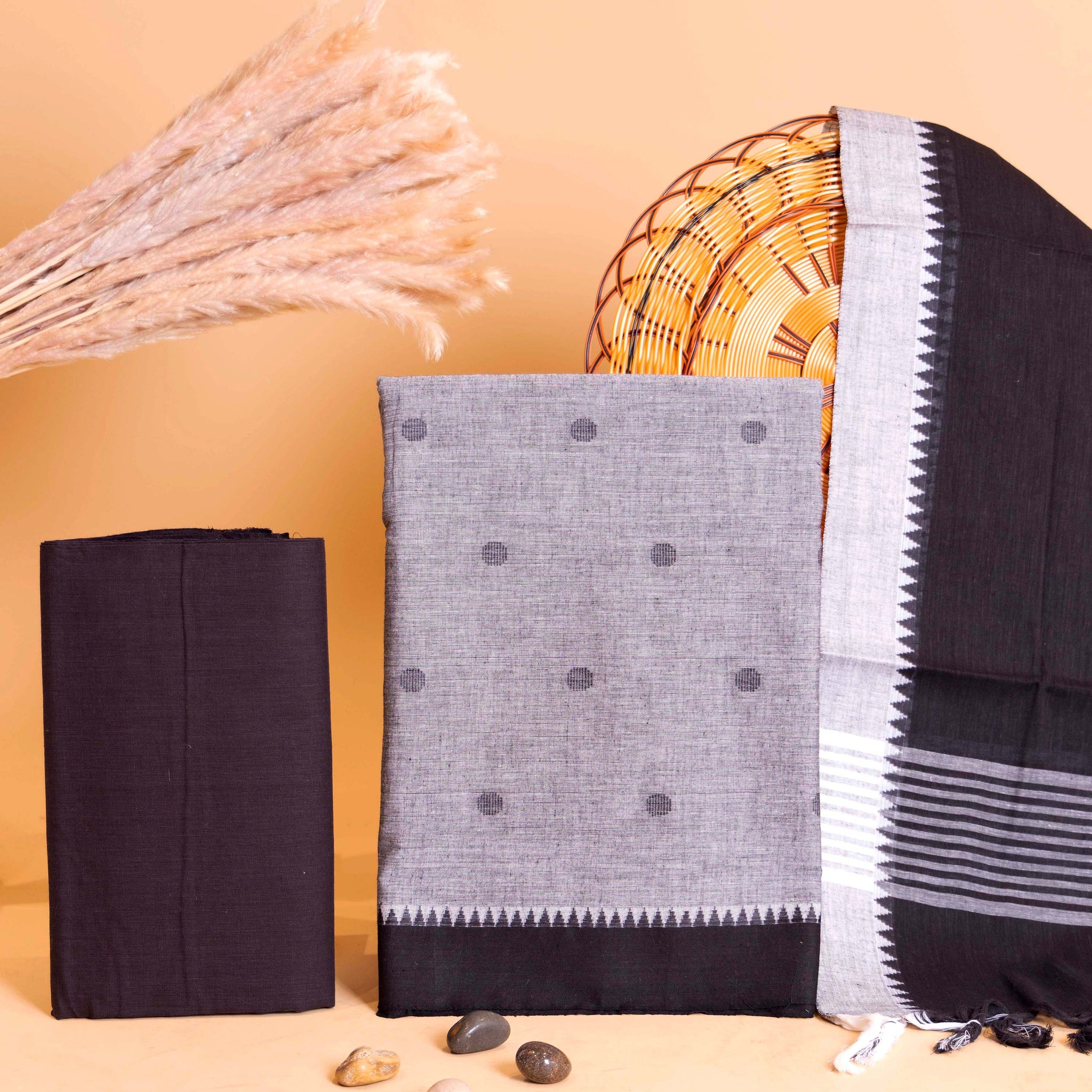 Women's Handloom Cotton Unstitched Salwar Suit Material with Woven Buttas and Temple Border - Grey