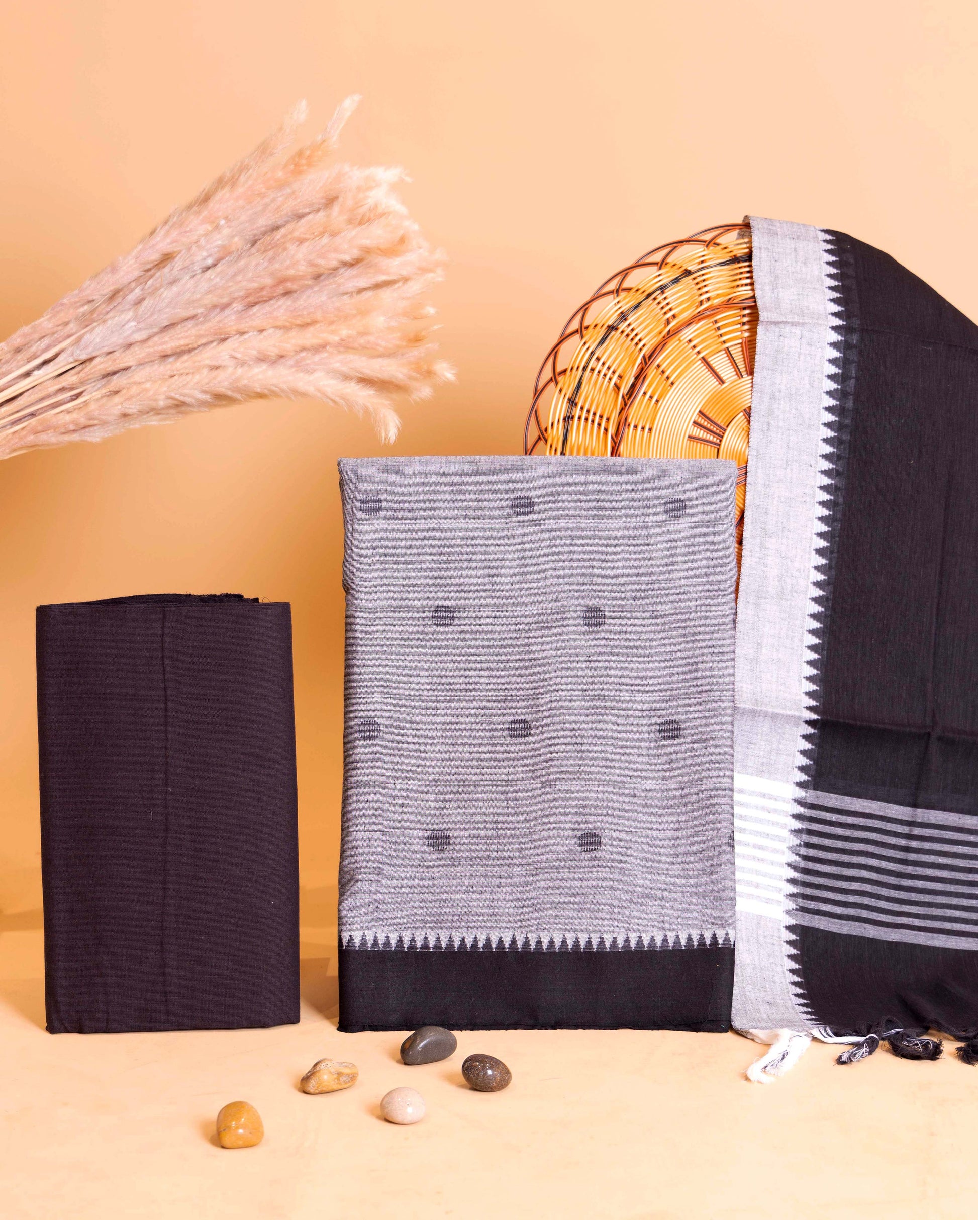 Women's Handloom Cotton Unstitched Salwar Suit Material with Woven Buttas and Temple Border - Grey