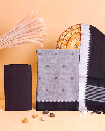 Women's Handloom Cotton Unstitched Salwar Suit Material with Woven Buttas and Temple Border - Grey