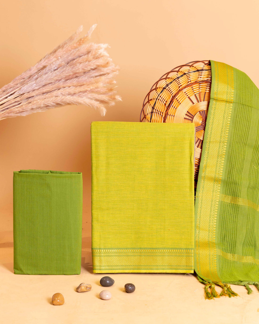 Women's Handloom Cotton Unstitched Salwar Suit Material with Zari Border - Green