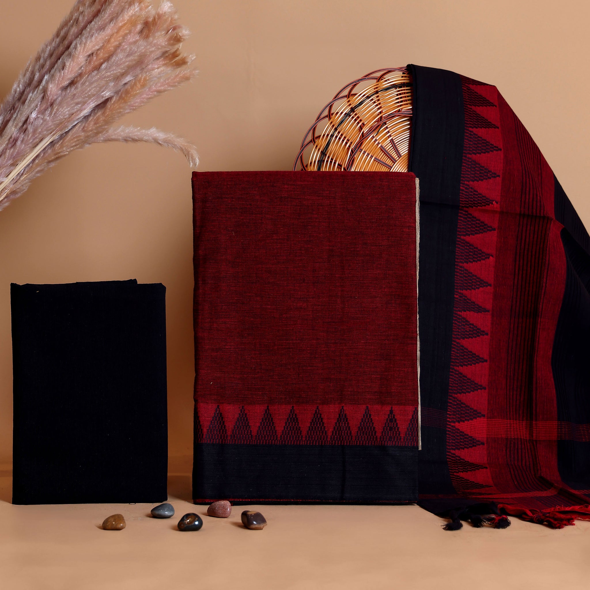 Women's Handloom Cotton Unstitched Salwar Suit Set with Contrast Bottom and Woven Pattern Dupatta - Maroon