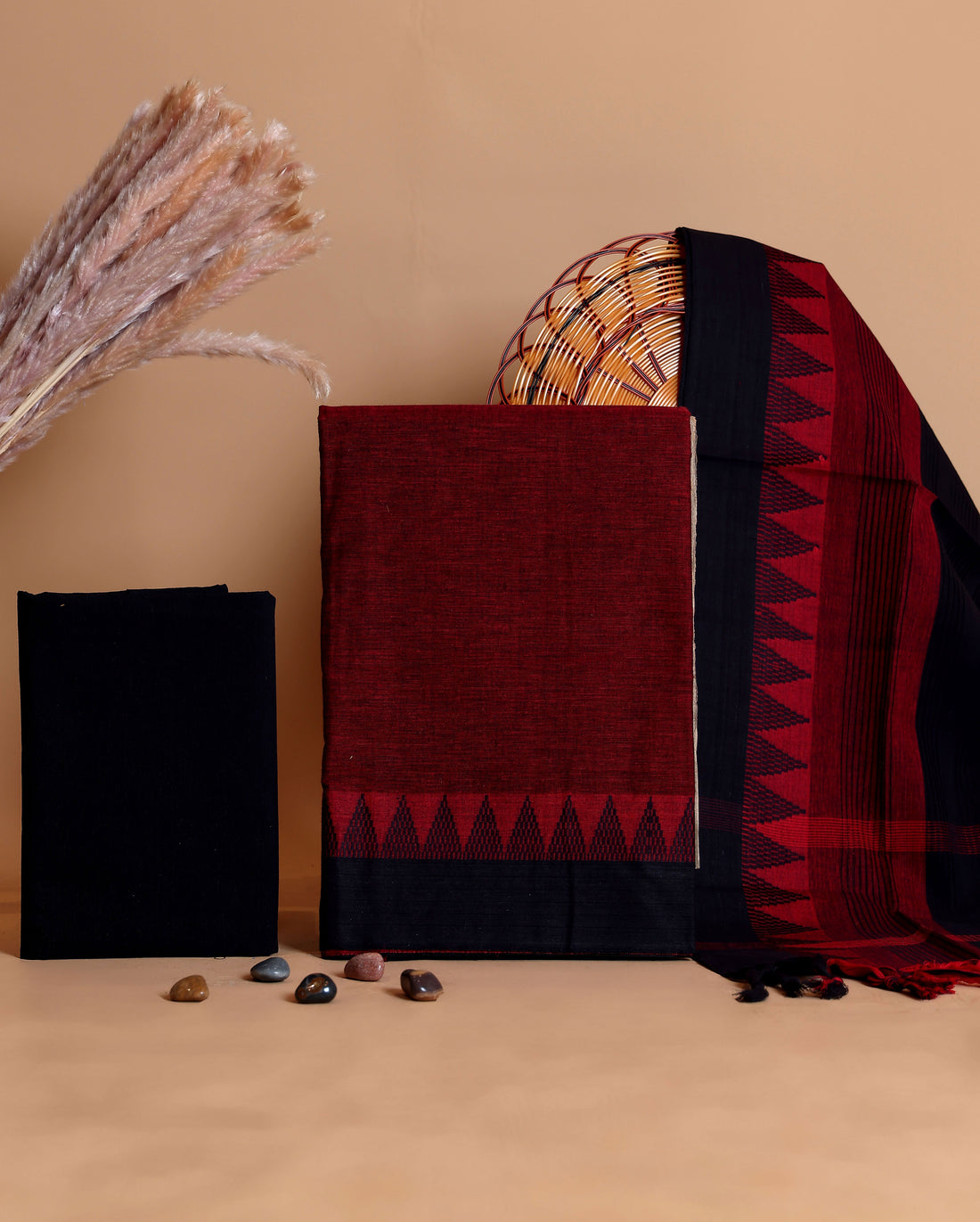 Women's Handloom Cotton Unstitched Salwar Suit Set with Contrast Bottom and Woven Pattern Dupatta - Maroon