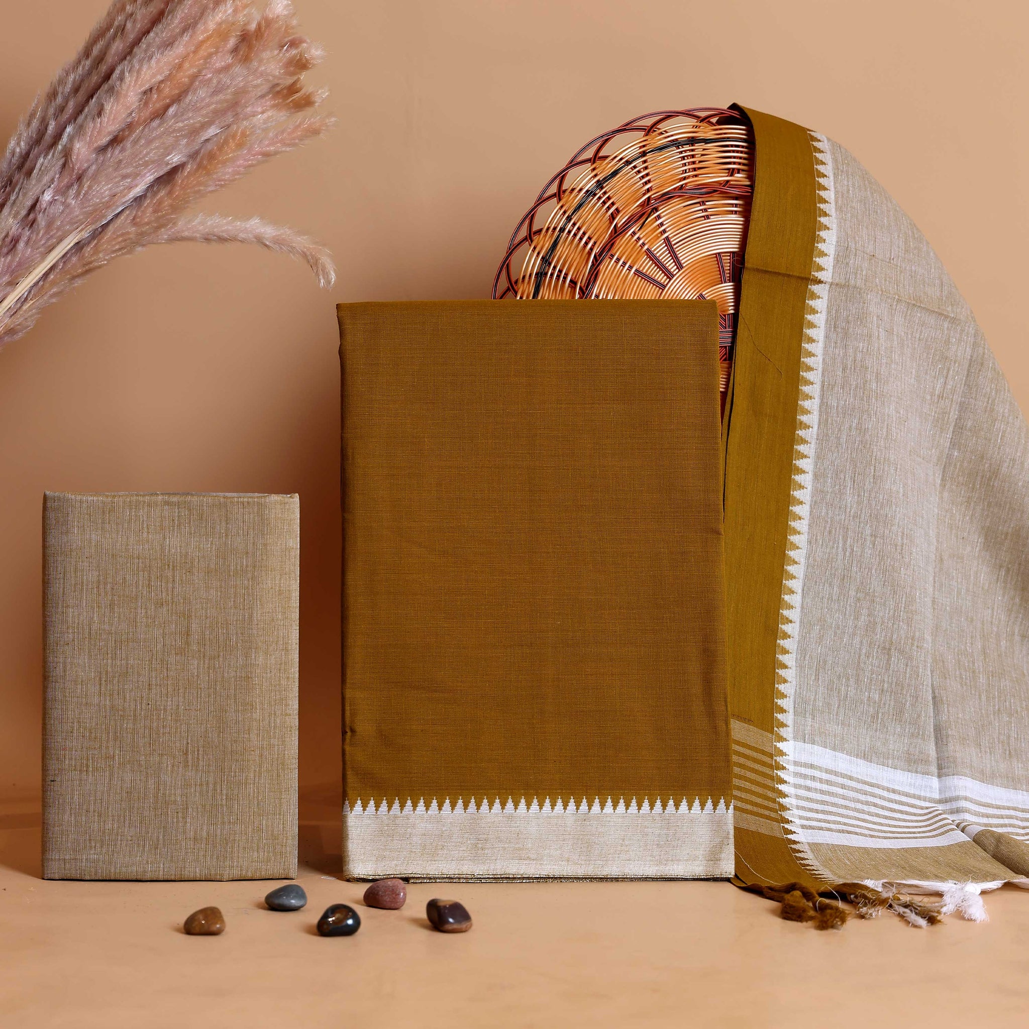 Women's Handloom Cotton Unstitched Salwar Suit Set with Woven Border & Matching Dupatta - Olive Green