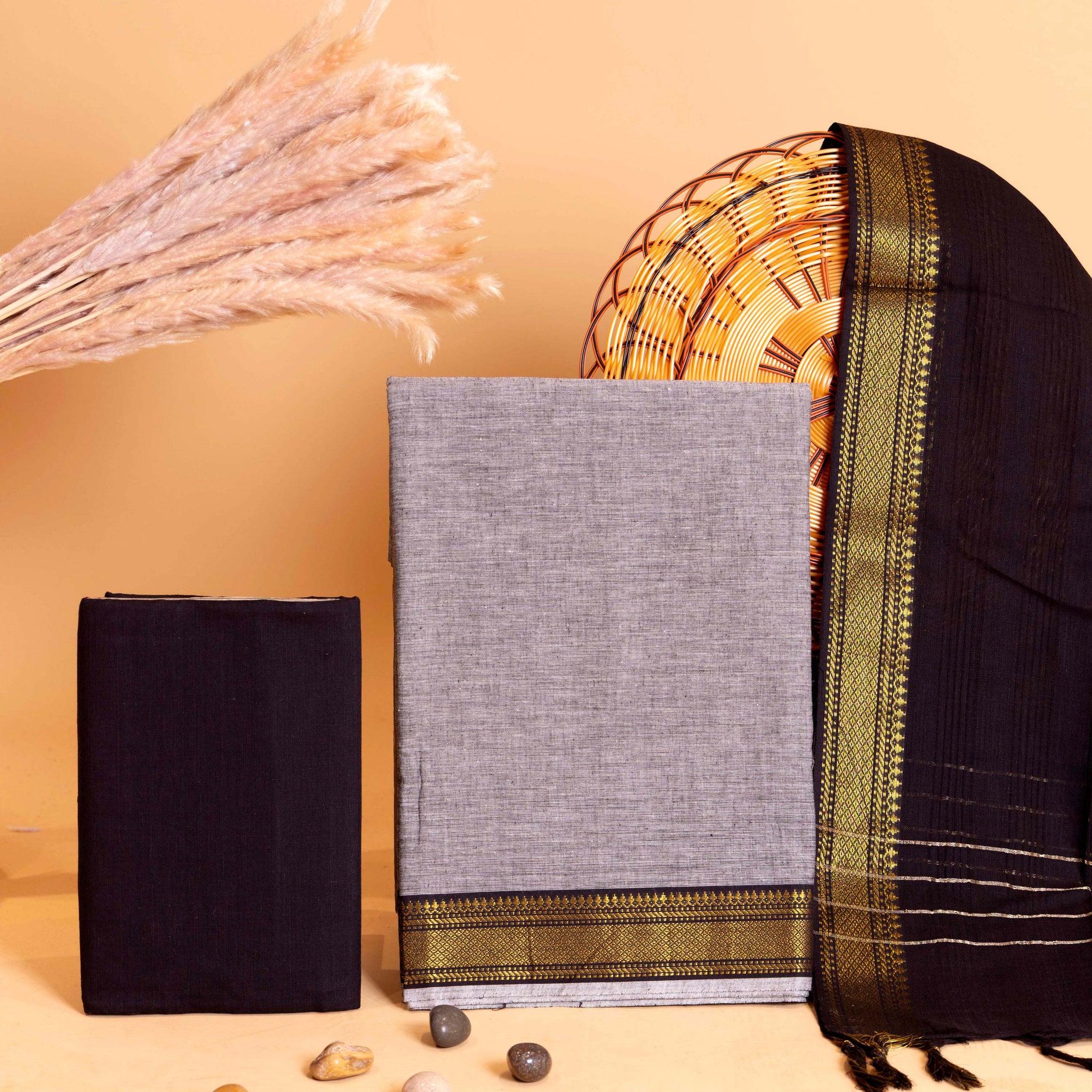 Women's Handloom South Cotton Salwar Suit Material with Zari Border and Dupatta - Grey