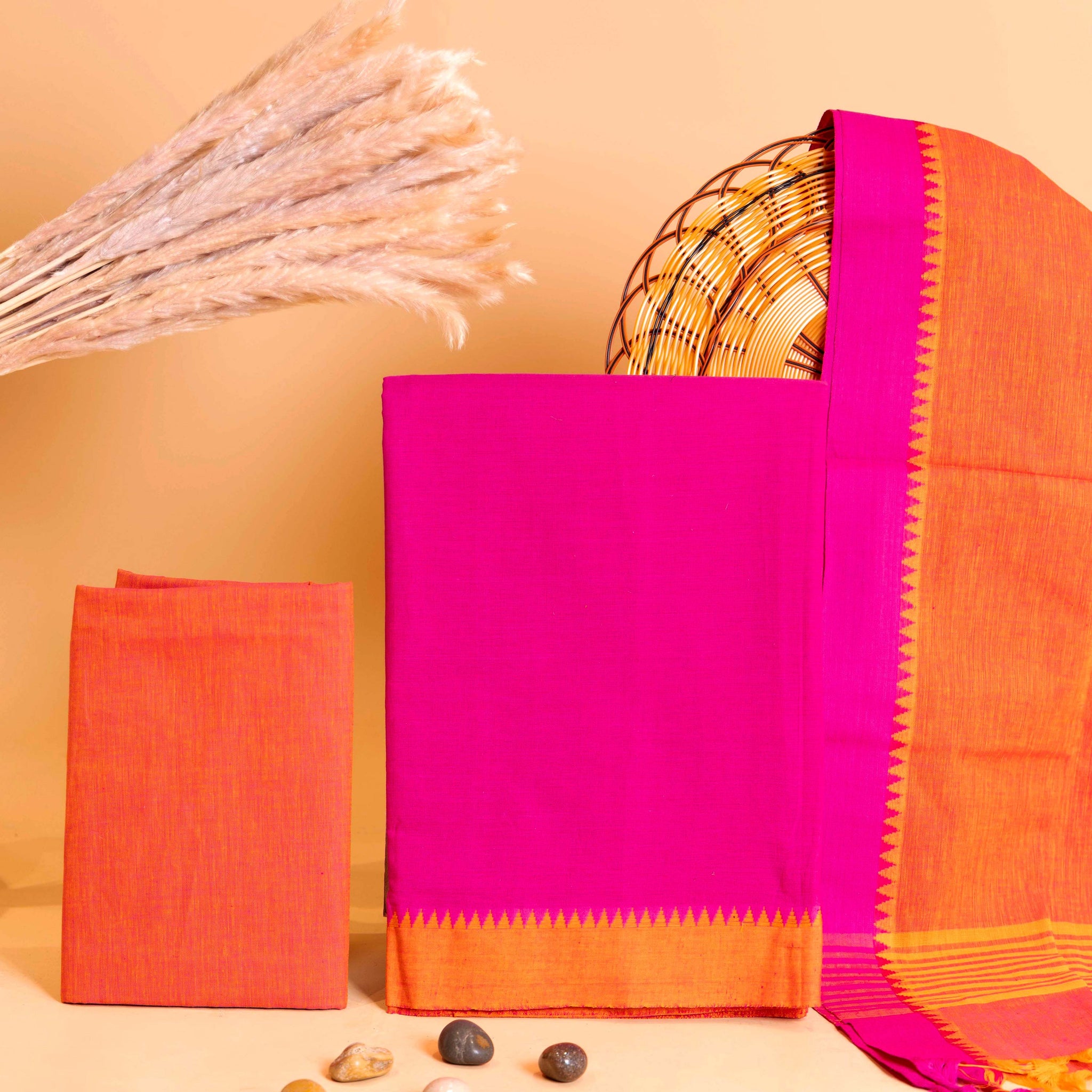 Women's Handwoven Cotton Salwar Material with Contrast Temple Border and Soft Dupatta - Pink