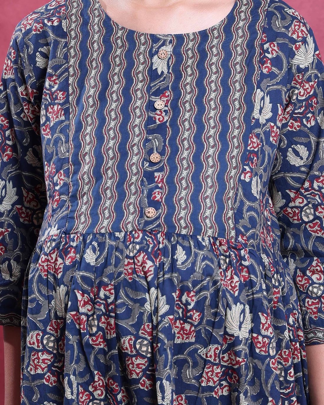 Women’s Maternity Feeding Kurta Dress with Concealed Zipper Nursing Access A-Line Fit Floral Printed & 3/4th Sleeves - Navy Blue