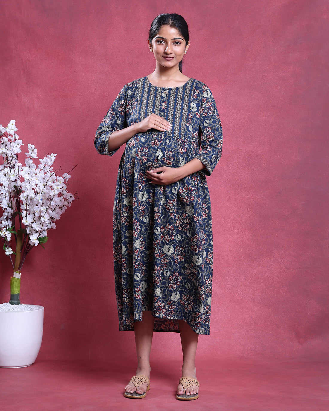 Women’s Maternity Feeding Kurta Dress with Concealed Zipper Nursing Access A-Line Fit Floral Printed & 3/4th Sleeves - Navy Blue