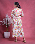 Women’s Maternity and Feeding Kurta Dress with Hidden Feeding Zippers Floral Printed A-Line Fit V-Neck Comfortable Wear - Cream-Back Side Image